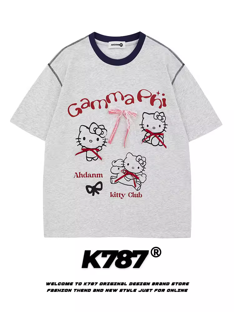 K787 Mỹ retro Hello Kitty nơ ren chắp vá áo thun ngắn tay unisex phong cách đại học cặp đôi top tee