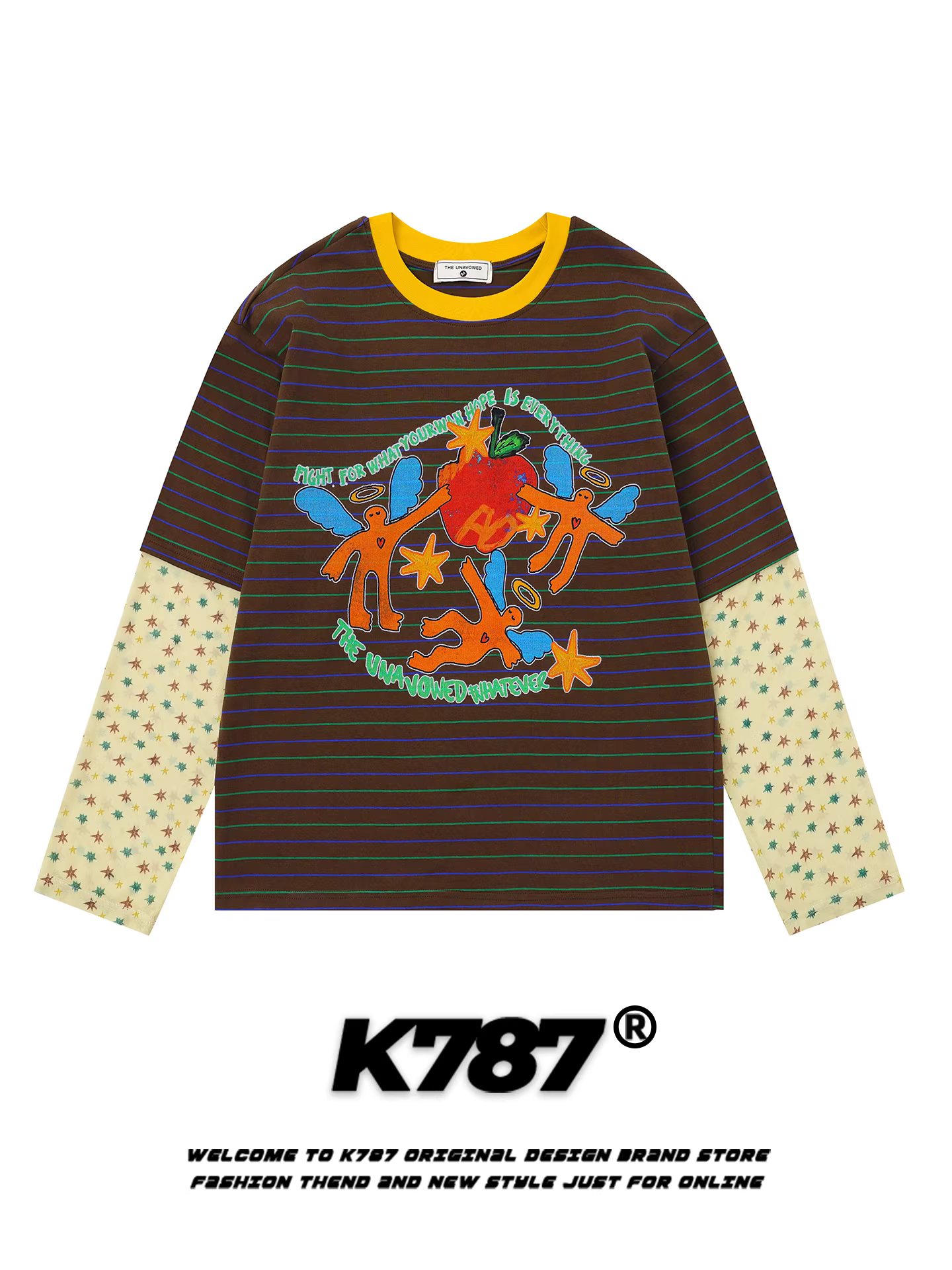 Áo thun dài tay in họa tiết hoạt hình cổ điển Mỹ K787 dành cho nam và nữ, áo đôi giả hai mảnh sọc chắp vá dáng rộng cho mùa thu