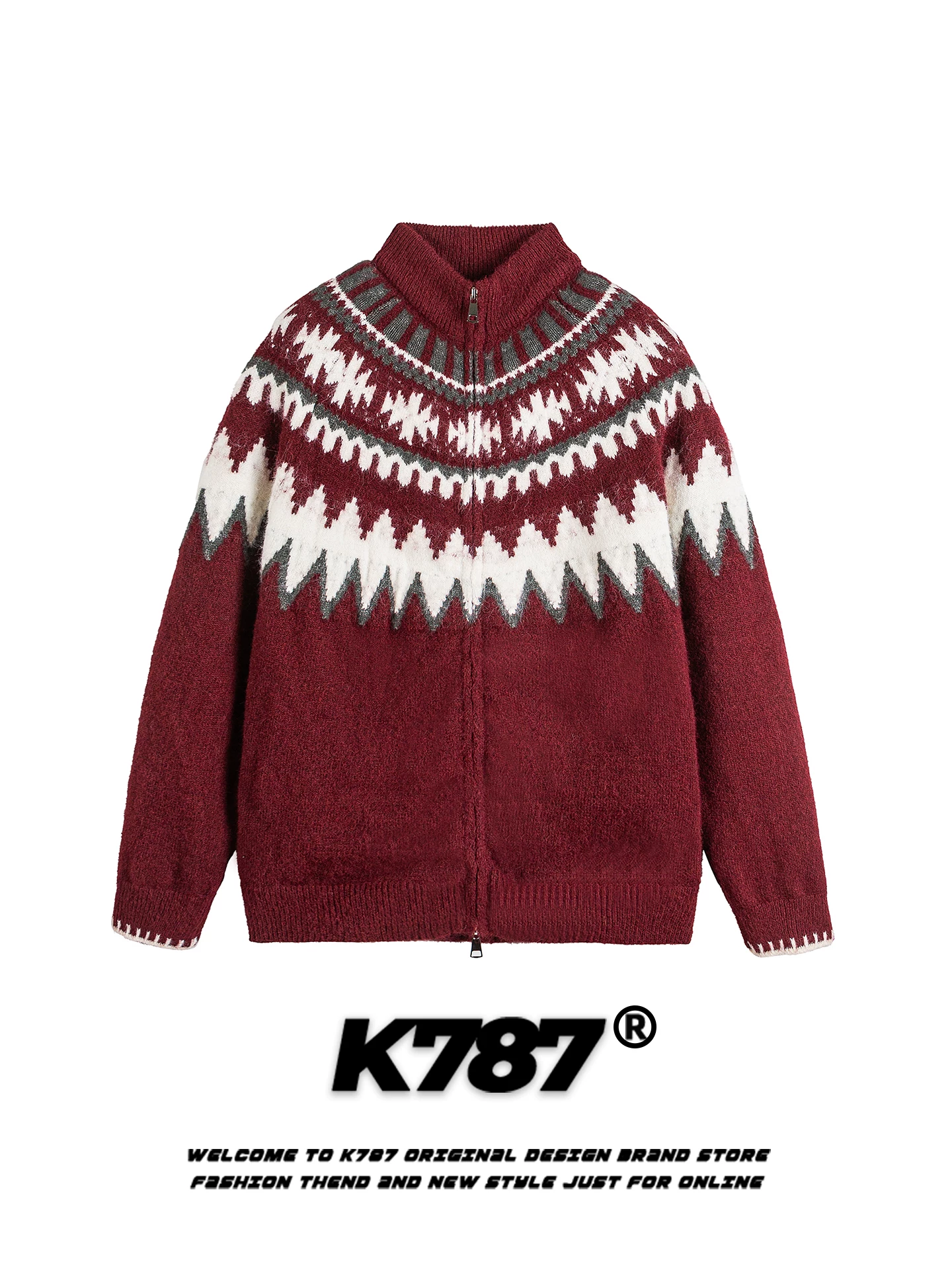 Áo len cardigan cổ đứng phối màu phong cách đường phố Mỹ K787 dành cho nam và nữ, kiểu dáng rộng rãi và thoải mái.