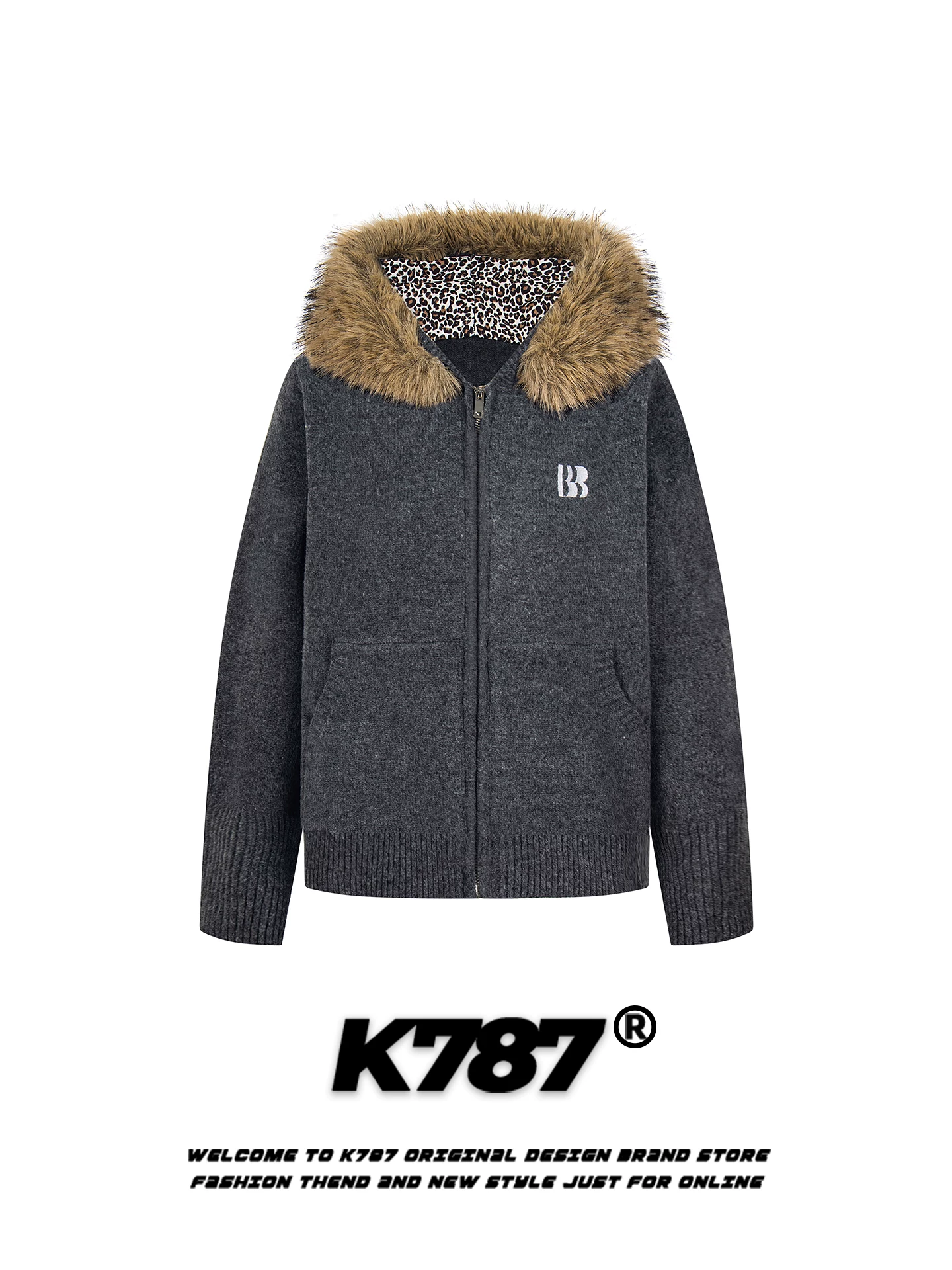Áo khoác cardigan len dệt kim họa tiết báo cổ lông phong cách retro Mỹ K787 dành cho nam và nữ, giữ ấm mùa đông, phong cách giản dị, thoải mái.