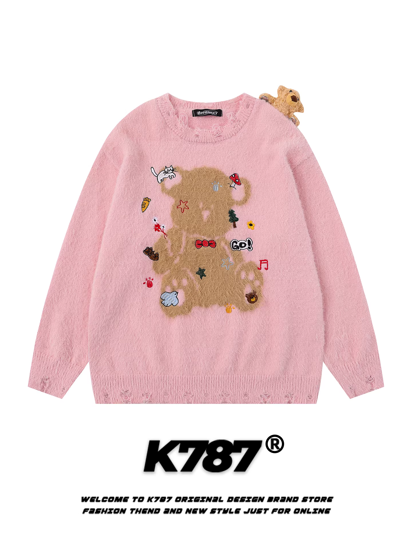Áo len cổ tròn họa tiết gấu hoạt hình cổ điển Mỹ K787 dành cho nữ, kiểu dáng rách cá tính, ấm áp, trẻ trung, màu hồng