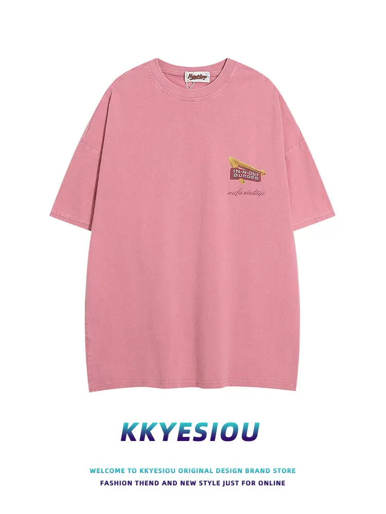 Áo thun ngắn tay kiểu Hawaii của thương hiệu KKyesiou theo phong cách retro Mỹ dành cho nam và nữ, áo đôi màu hồng da ngoại cỡ
