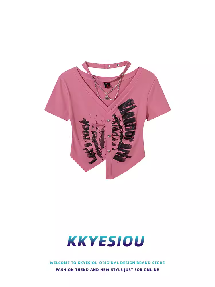 Áo thun nữ KKyesiou kiểu halter cổ, thiết kế hip-hop, ngắn, đa năng, chất liệu cardigan, tay ngắn, kiểu dáng regular.