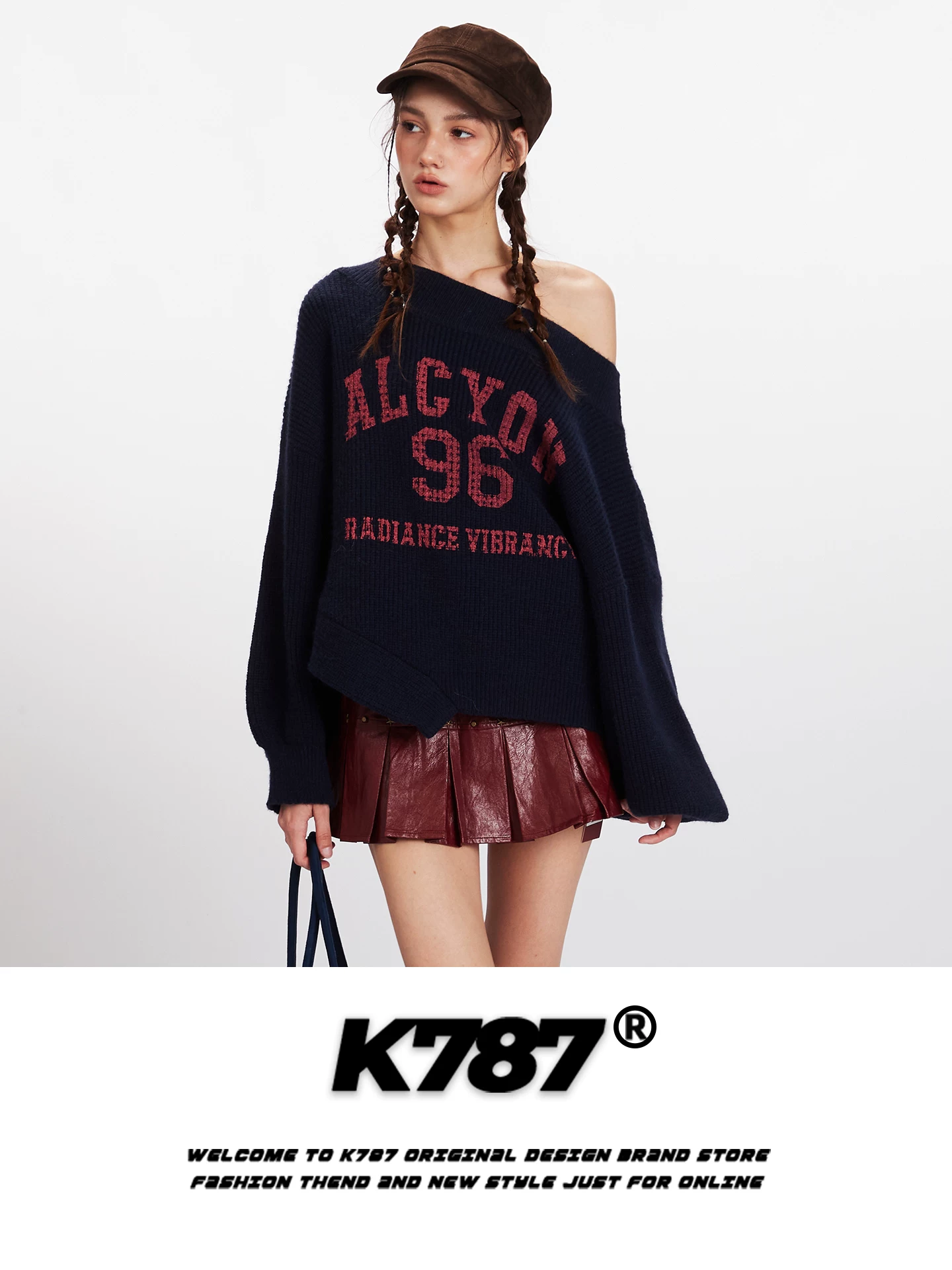 Áo len nữ kiểu Mỹ K787, họa tiết jacquard, dáng lệch vai, thiết kế bất đối xứng, chất liệu len dệt kim ngắn, kiểu dáng rộng rãi, thoải mái, phong cách lười biếng.