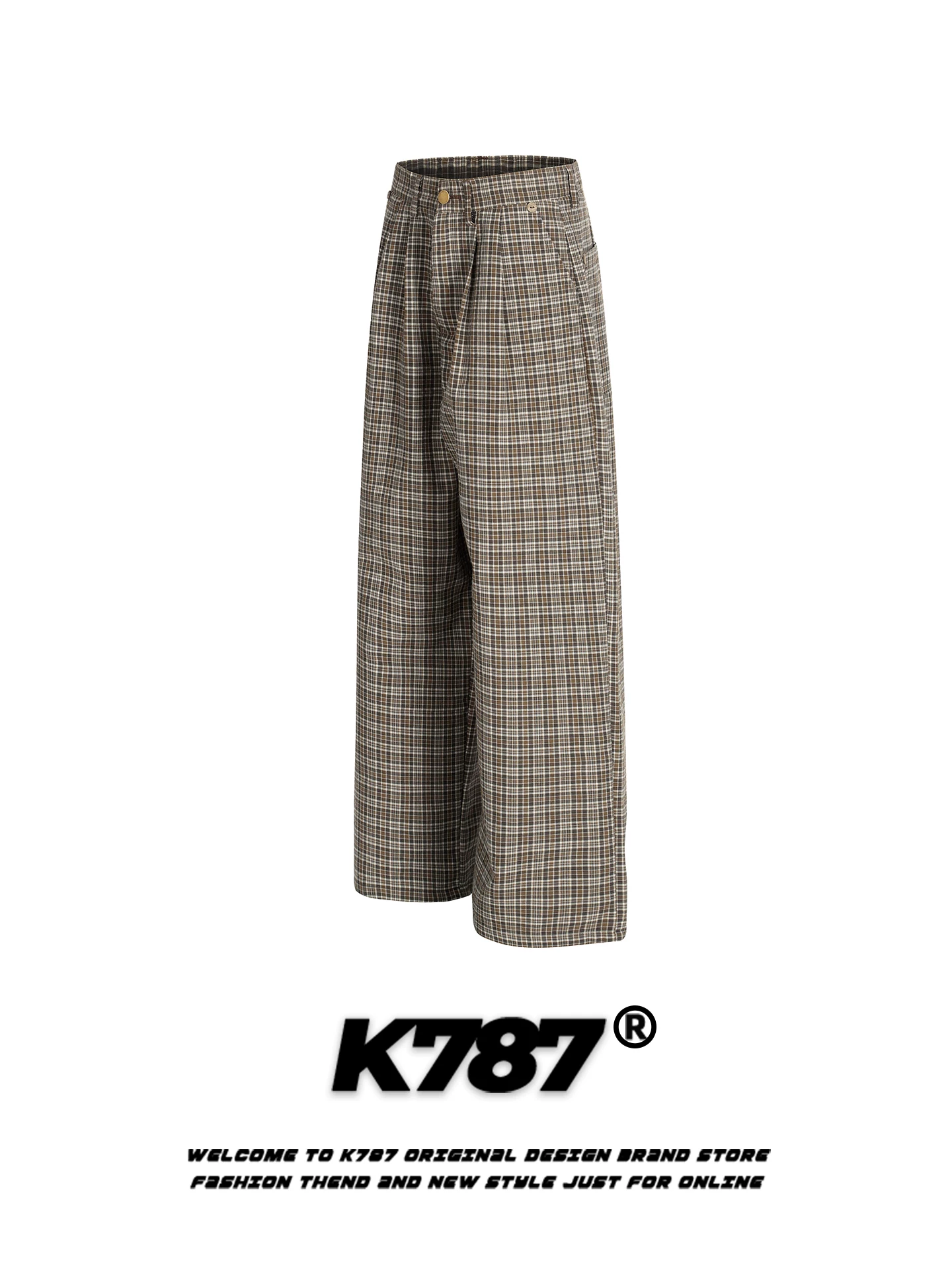 K787 Quần âu kiểu houndstooth cổ điển của Mỹ dành cho nam và nữ, dáng rộng, tôn dáng, thương hiệu thời thượng, phong cách tiền cổ, quần ống rộng dáng thẳng thông thường