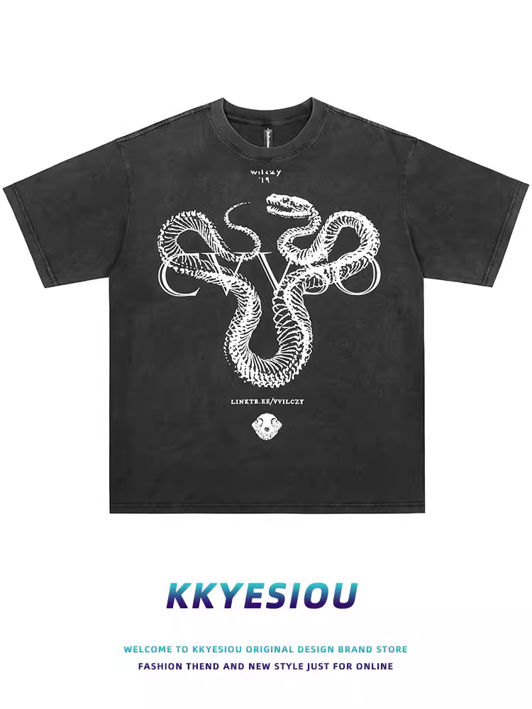Áo thun ngắn tay KKyesiou phong cách retro Mỹ, hip-hop, họa tiết rắn, unisex, dáng rộng, chất liệu washed, dành cho cặp đôi