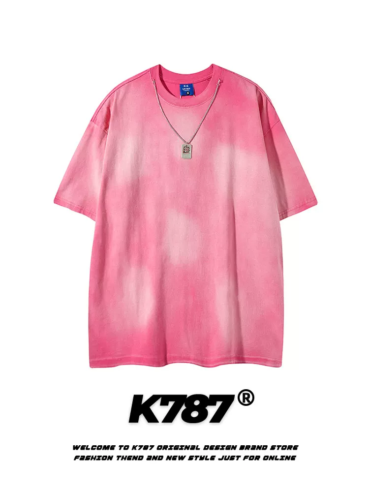 K787 Áo thun ngắn tay cotton nguyên chất phong cách retro tie-dye hip-hop dành cho nam và nữ, vòng cổ hip-hop, áo đôi dáng rộng chắp vá.