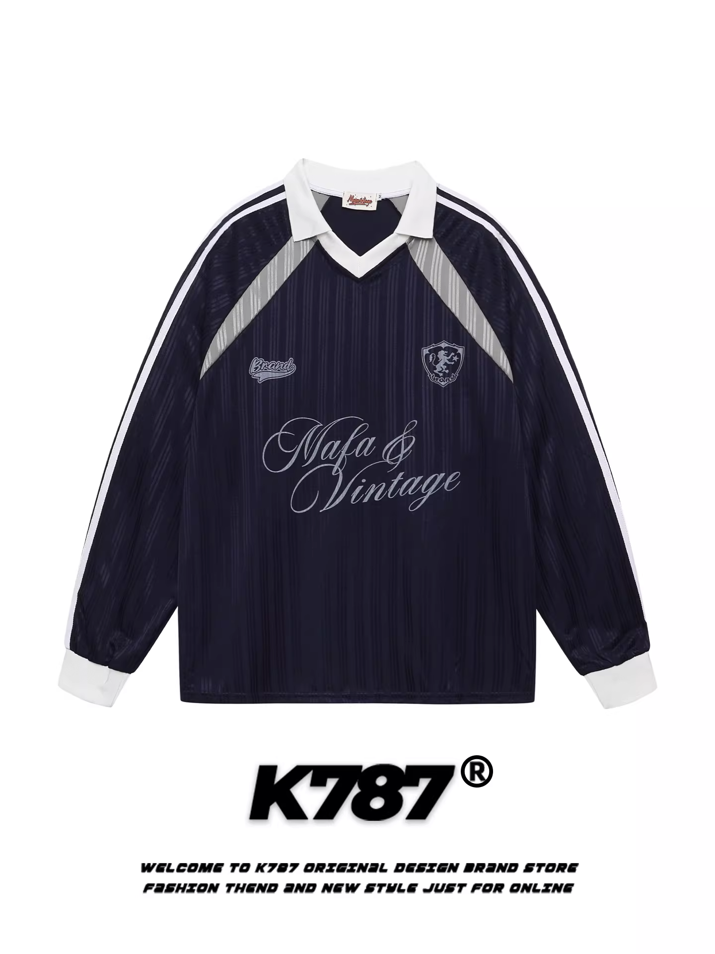 K787 Áo thun dài tay cổ chữ V sọc cổ điển kiểu Mỹ unisex áo thể thao có đinh tán in chữ áo sơ mi POLO