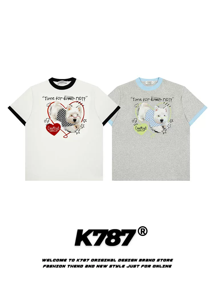 K787 Áo thun ngắn tay in hình chó phong cách retro kiểu Mỹ, phối màu, kiểu dáng thường ngày dành cho nữ, phong cách lười biếng, áo ngắn rộng rãi và đa năng.