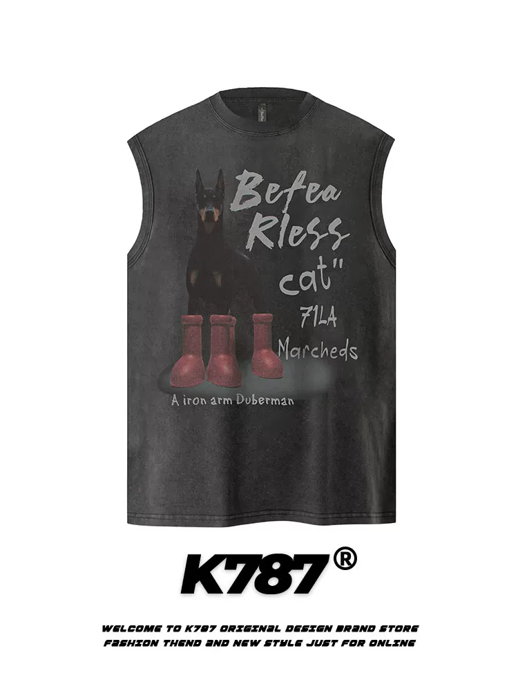 K787 Phong cách đường phố Mỹ Doberman in hình ngộ nghĩnh áo vest unisex ngoại cỡ áo ba lỗ áo thun không tay mùa hè