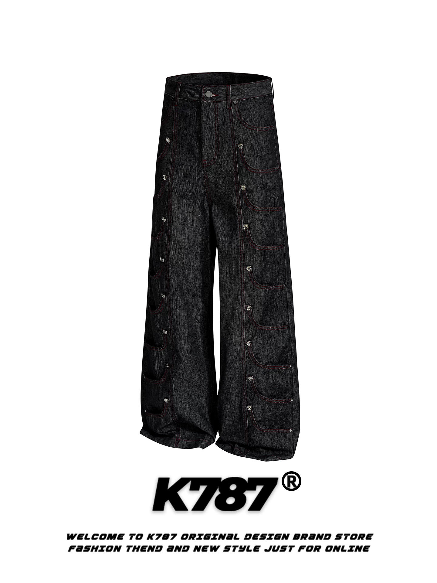 Quần jeans thiết kế nhiều túi kiểu Mỹ cổ điển K787 dành cho nam và nữ, xu hướng quốc gia, dáng rộng, trang trí kim loại, ống thẳng, ống rộng