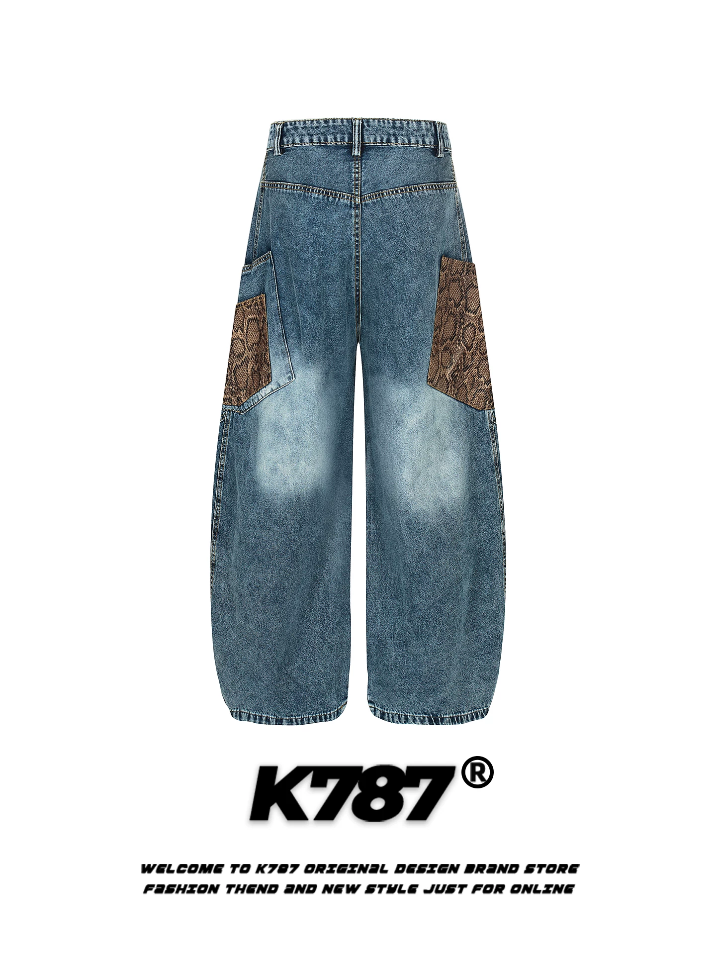 Quần jeans ống rộng unisex kiểu Mỹ K787, họa tiết da rắn phối vải, thiết kế hip-hop thời thượng, phong cách đường phố, kiểu dáng casual.