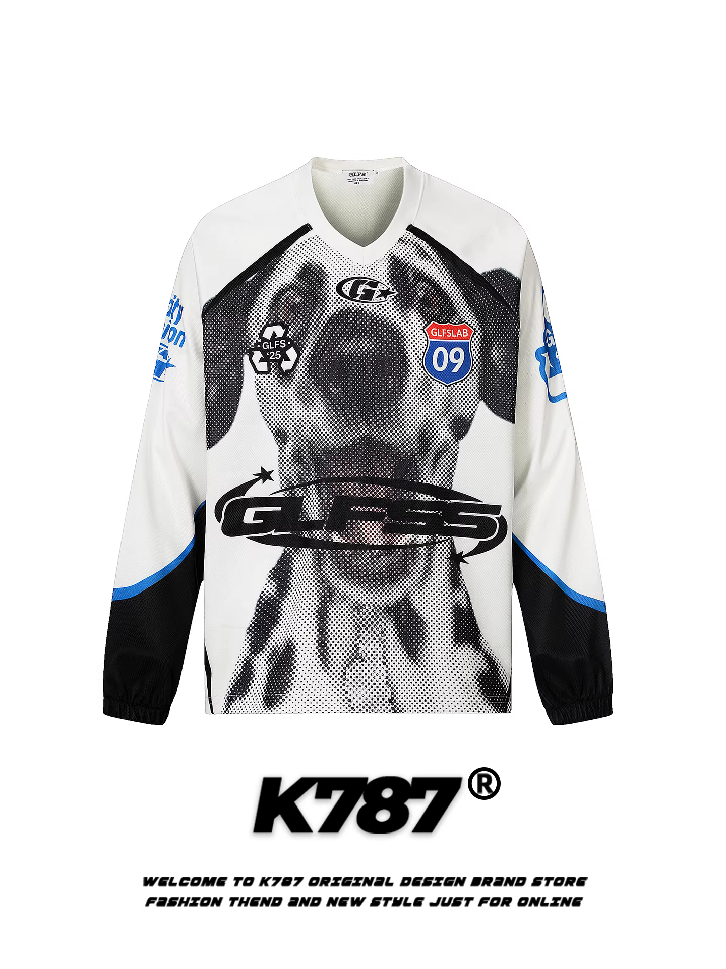 K787 Áo thun dài tay cổ chữ V in hình chó con phong cách đường phố Mỹ unisex dáng rộng thể thao giản dị áo sơ mi cơ bản hàng đầu