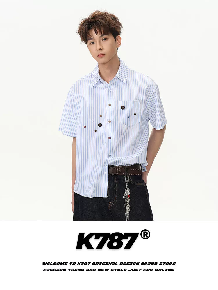 K787 Mỹ retro nút chắp vá sọc ngắn tay áo sơ mi unisex phong cách đại học đa năng giản dị cặp đôi hàng đầu mùa hè