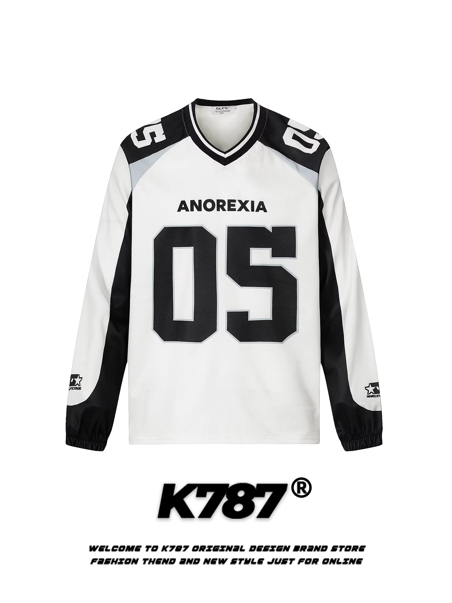 K787 Áo thun dài tay cổ chữ V phong cách retro Mỹ phối màu in chữ unisex dáng rộng phong cách thể thao áo thun thường ngày