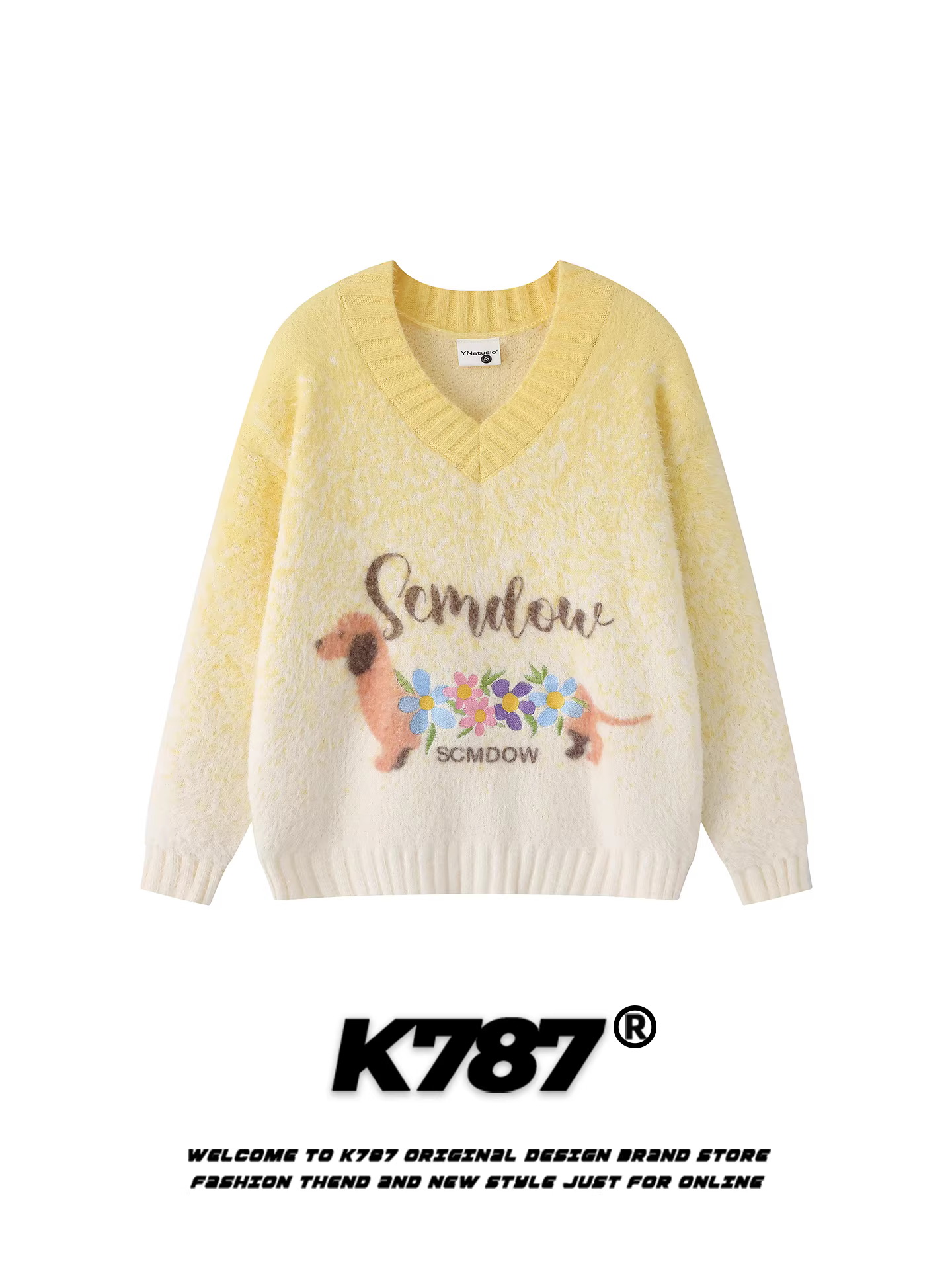Áo len cổ chữ V thêu hoa phong cách đường phố Mỹ K787 dành cho nữ, phong cách ngọt ngào, dịu dàng, lười biếng, áo len ngắn dệt kim cho mùa thu.