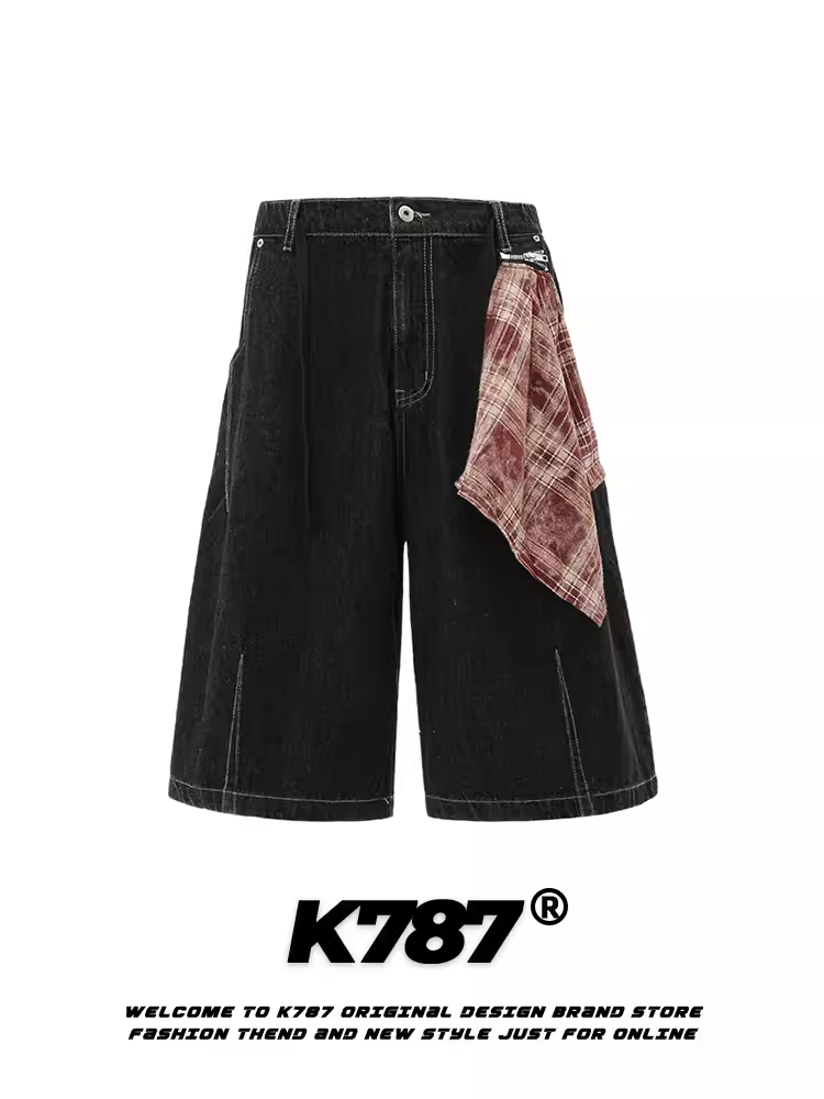 Quần short denim cạp cao unisex phong cách đường phố hip-hop retro Mỹ K787, phối họa tiết, đa năng