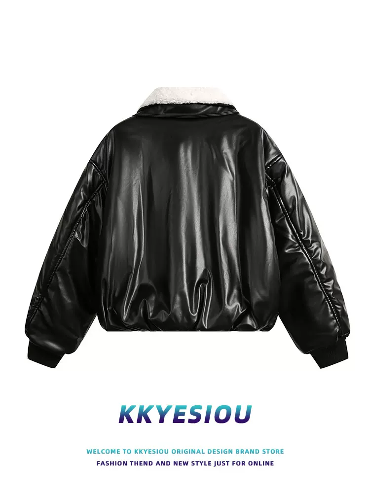K787 Phong cách retro của Mỹ thương hiệu áo khoác ngắn cổ lông thêu unisex áo khoác da cotton đường phố cao cấp mát mẻ