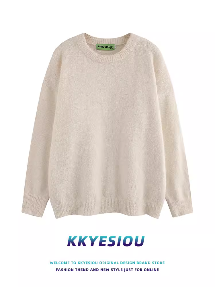 Áo len dệt kim màu trơn phong cách retro Mỹ KKyesiou dành cho nam và nữ, kiểu dáng rộng rãi, phong cách thường ngày, dành cho cặp đôi