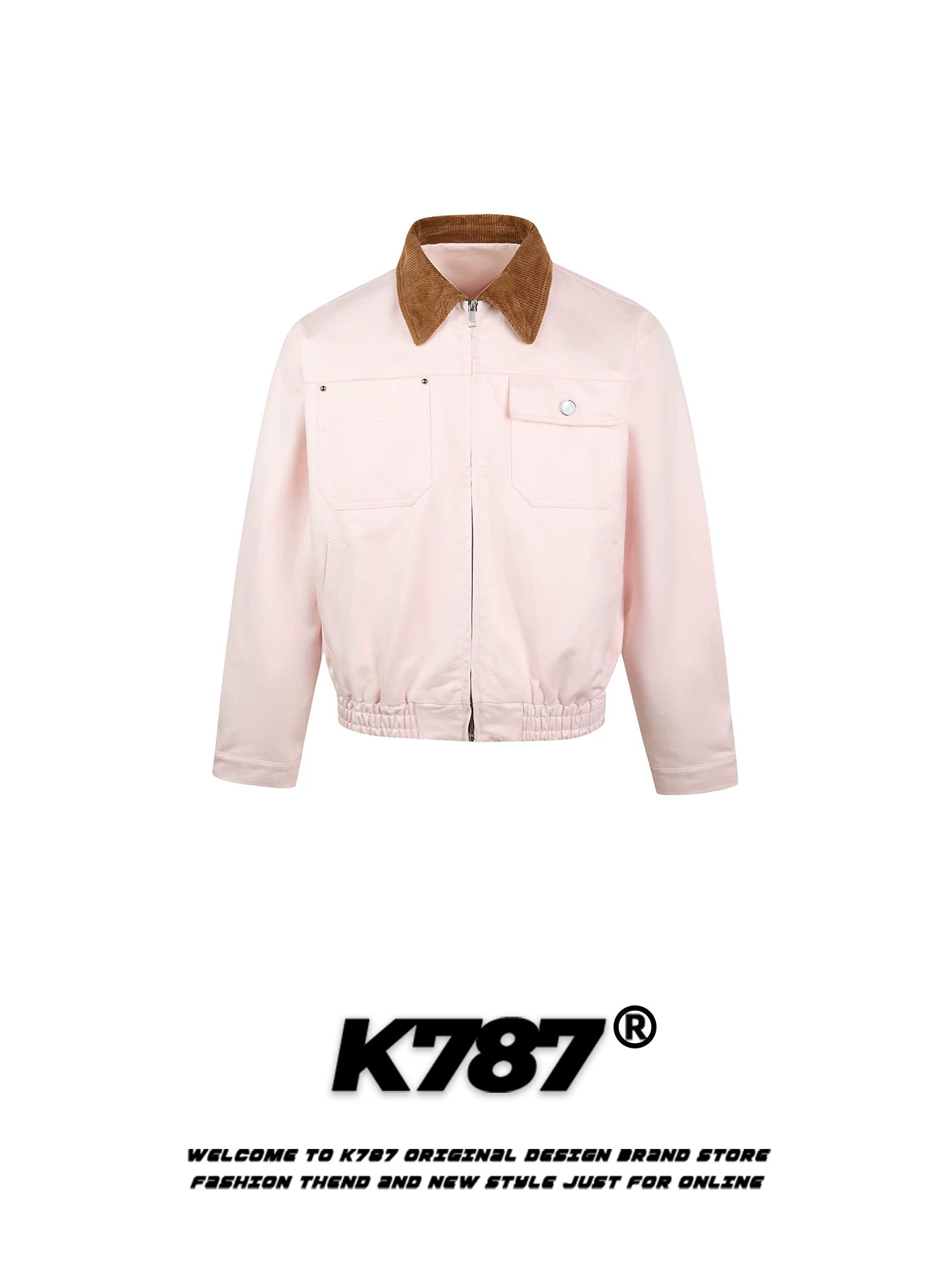 Áo khoác cổ điển kiểu Mỹ K787, phối màu, dáng rộng, phong cách unisex, màu hồng, áo khoác cặp đôi hợp thời trang