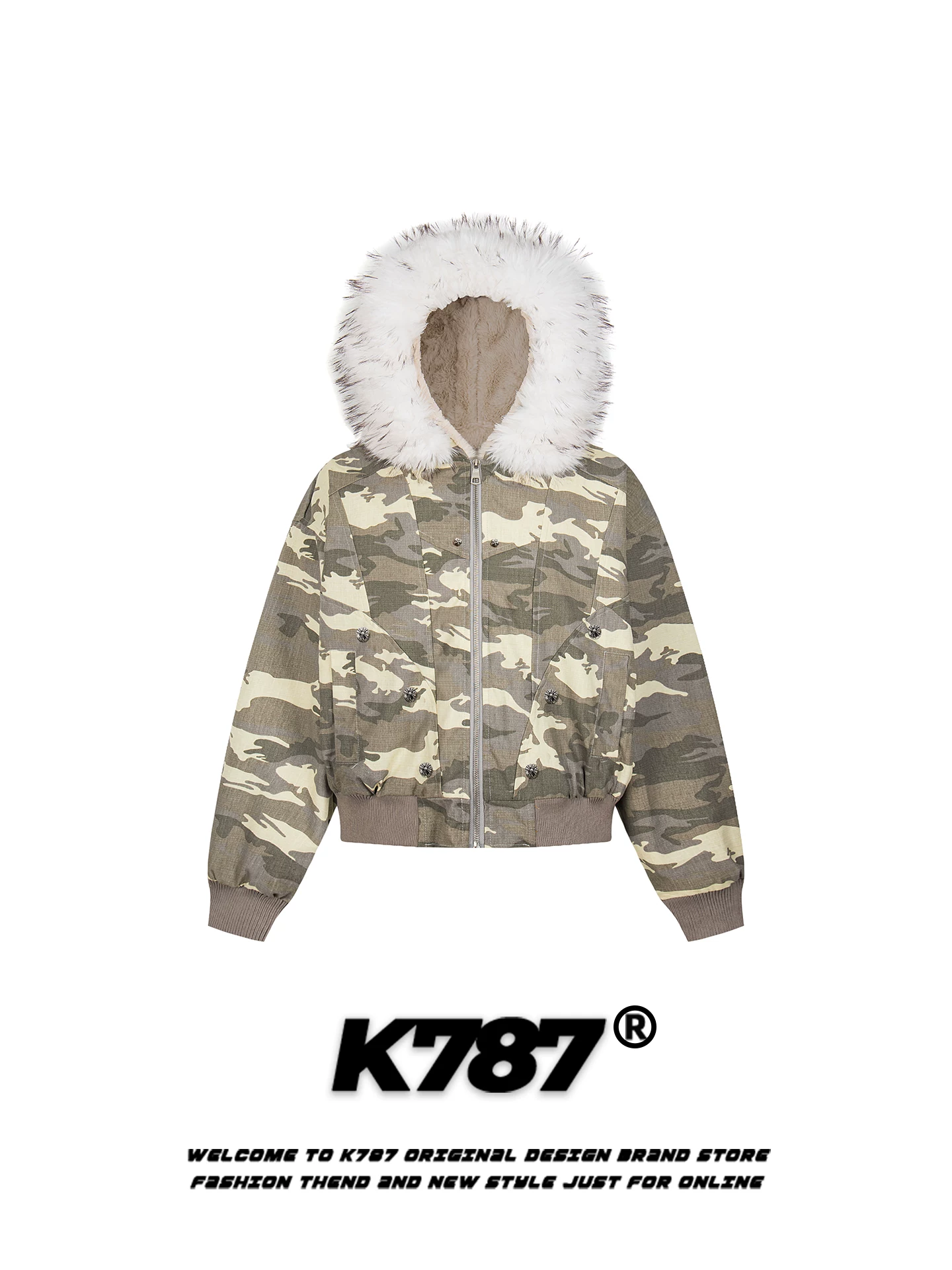 Áo khoác cotton có mũ trùm đầu cổ lông phong cách retro Mỹ K787 dành cho nam, áo khoác cotton có khóa kéo ấm áp, rộng rãi, kiểu dáng cặp đôi.