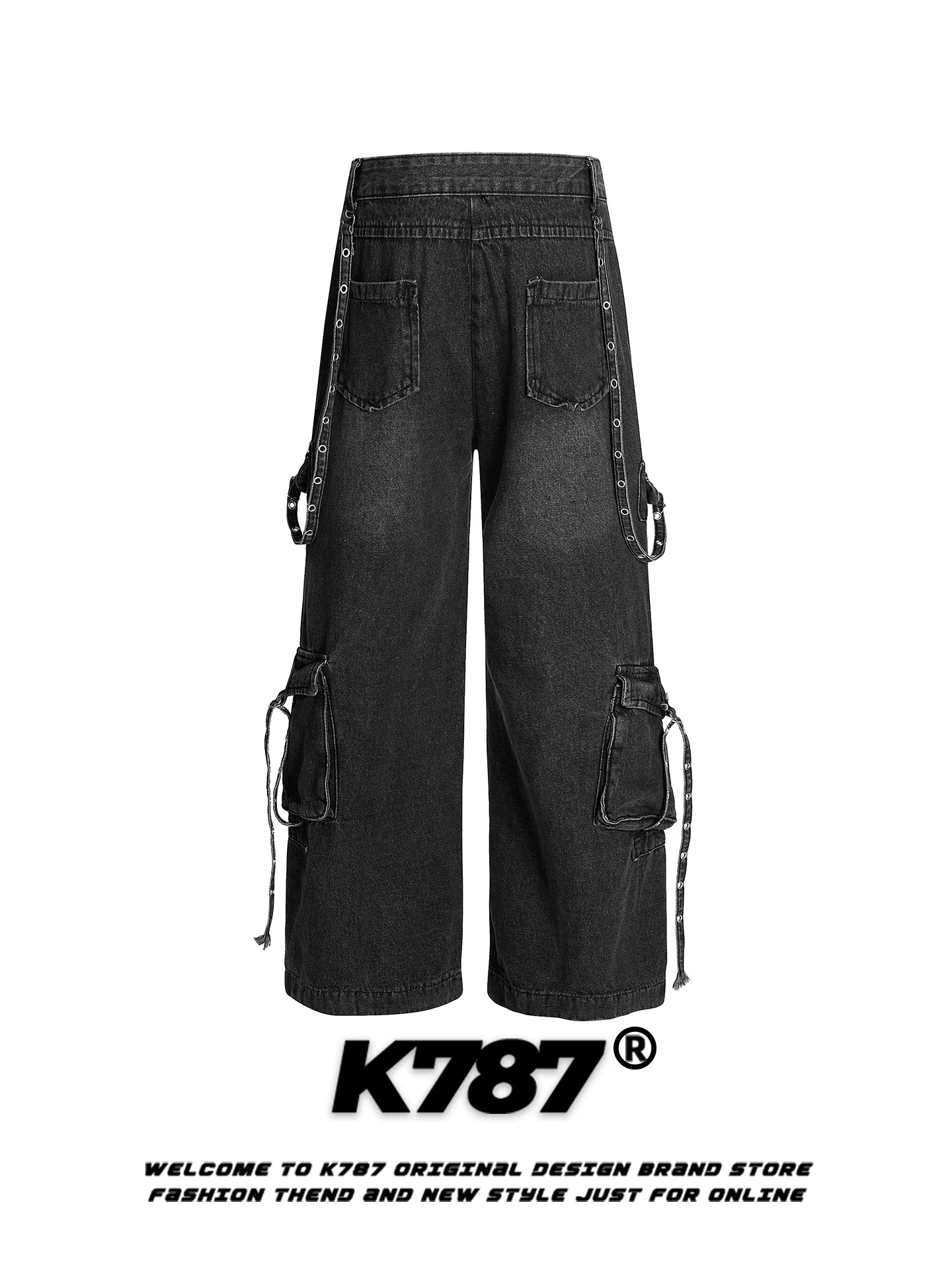 Quần jeans unisex kiểu dáng đường phố, phong cách hoang tàn, nhiều túi, rách, kiểu Mỹ cổ điển K787, cạp cao, ống rộng, dáng thẳng