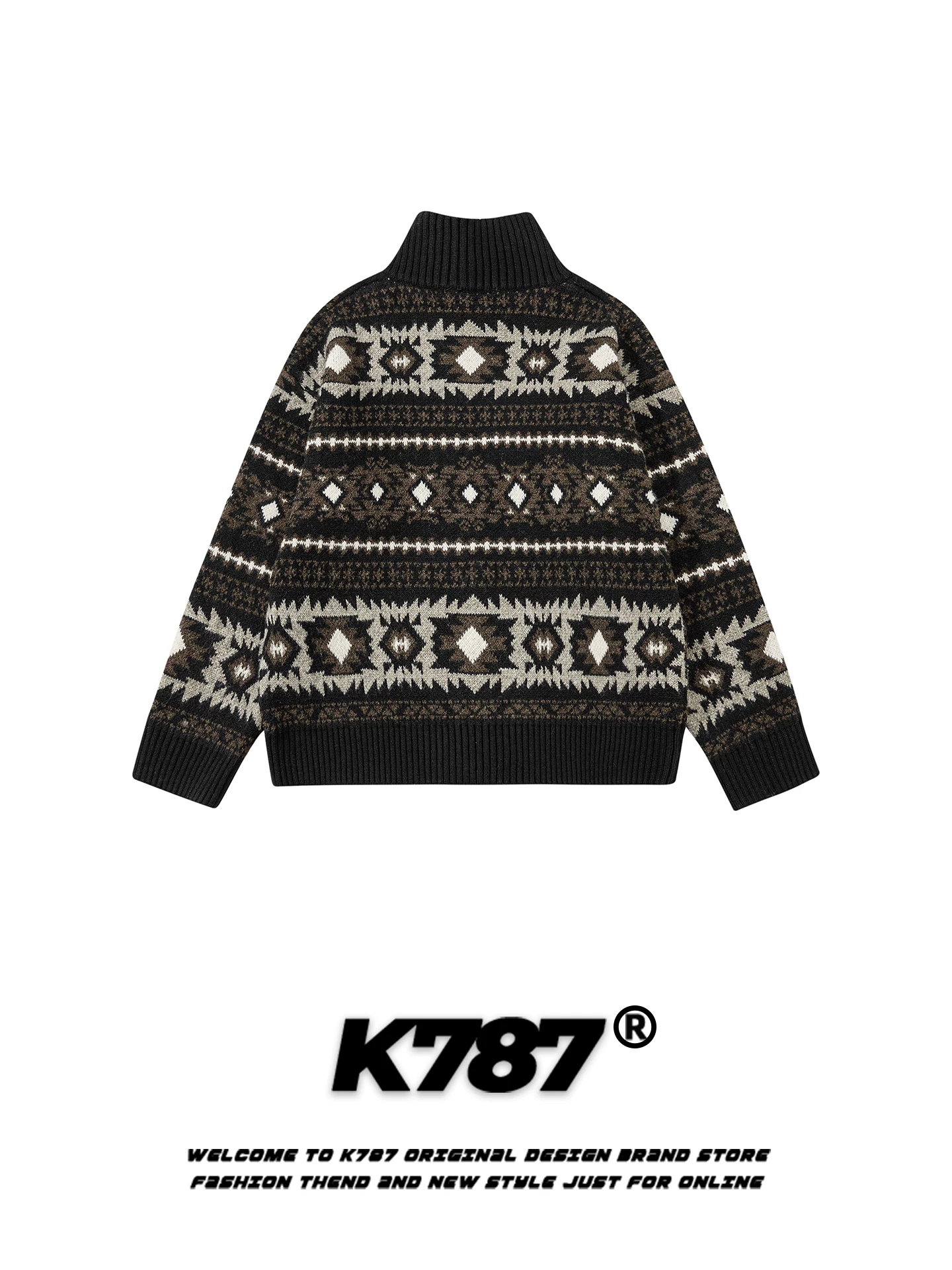 Áo len cardigan jacquard kiểu Mỹ cổ điển K787 dành cho nam và nữ, thương hiệu thời thượng, dáng rộng, ấm áp, áo len cổ đứng dành cho cặp đôi