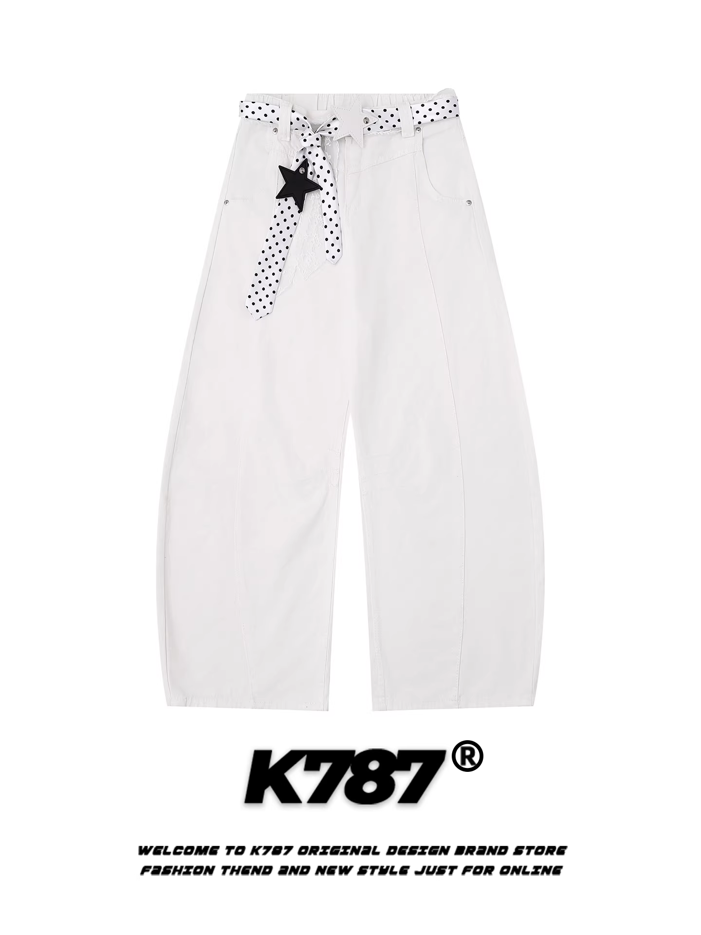 K787 Quần kiểu Mỹ giản dị có thắt lưng chấm bi kiểu scimitar quần cargo unisex dáng rộng giảm béo phong cách hợp thời trang quần ống rộng màu trắng