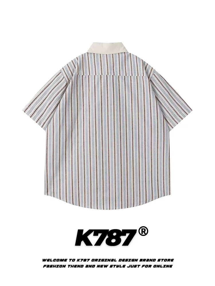 K787 Áo sơ mi ngắn tay thêu phong cách cổ điển Mỹ theo xu hướng quốc gia dành cho nam và nữ phong cách đại học cổ điển áo đôi phong cách ins
