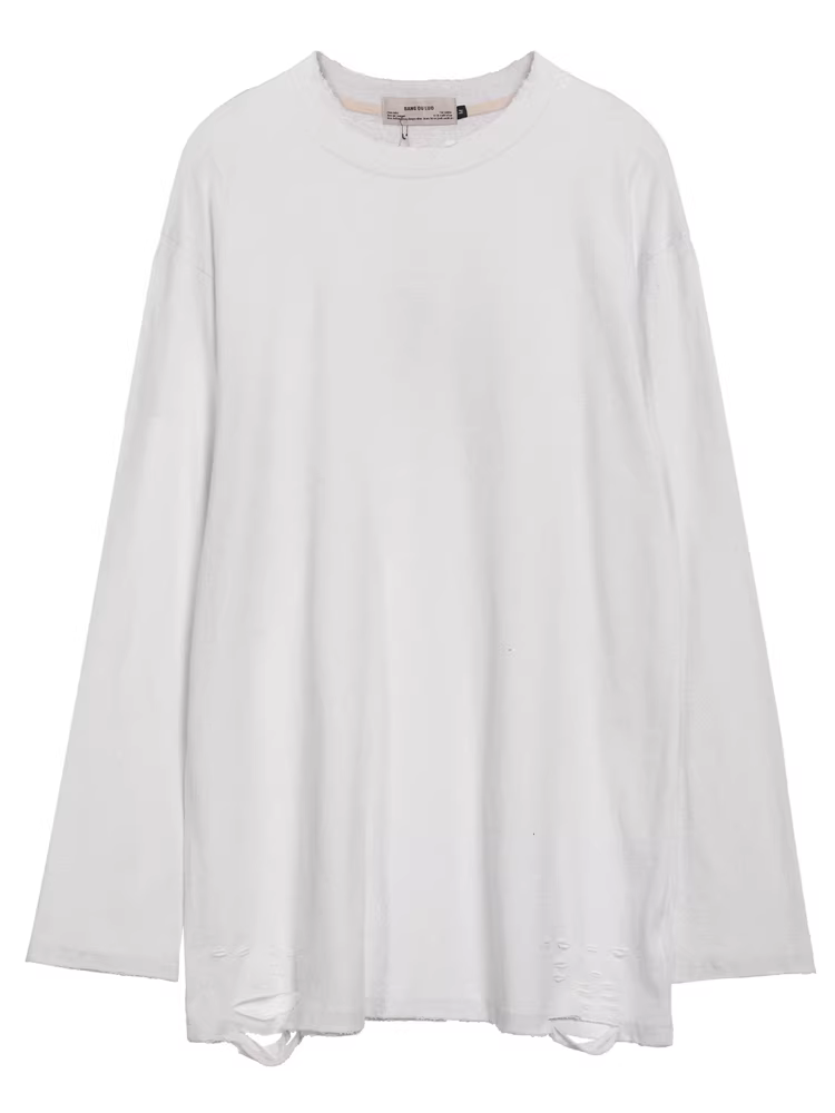 Áo thun dài tay màu trơn kiểu Mỹ cổ điển, thiết kế rách cá tính, unisex, dáng rộng, basic, phong cách y2k