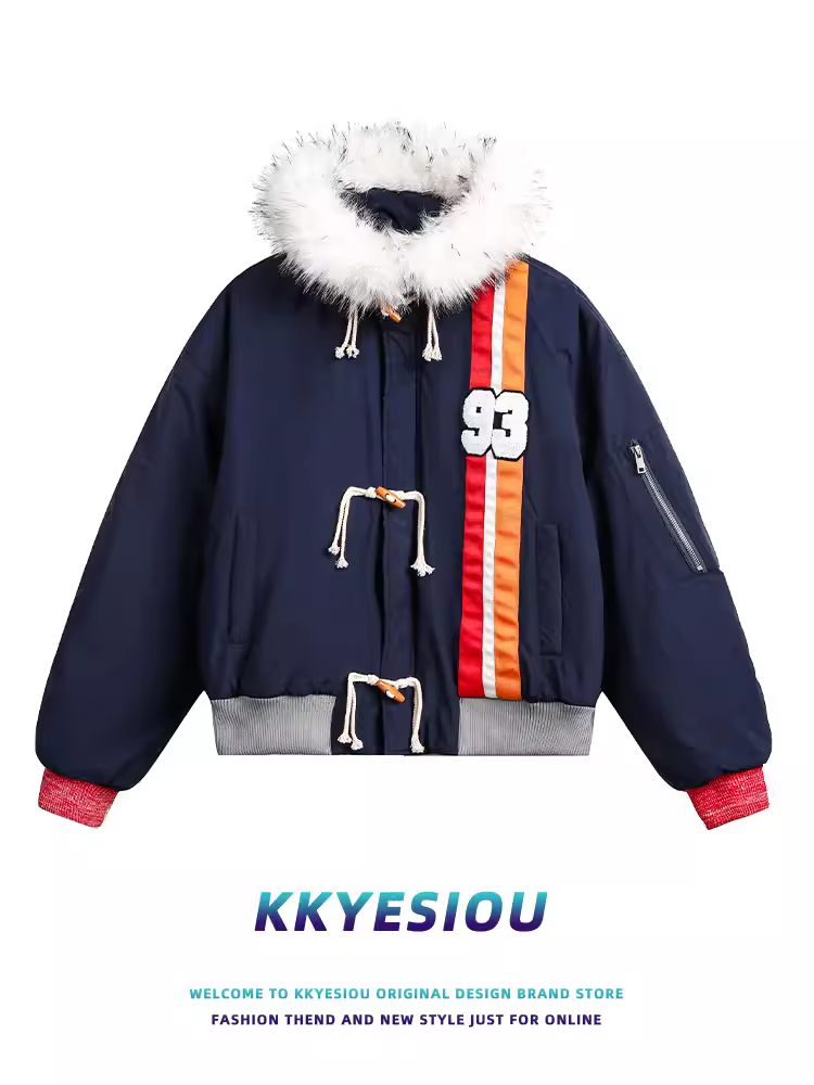 Áo khoác cotton có mũ trùm đầu kiểu cổ điển Mỹ KKyesiou dành cho nam và nữ, áo khoác cotton ngắn chần bông kiểu ghép mảnh.