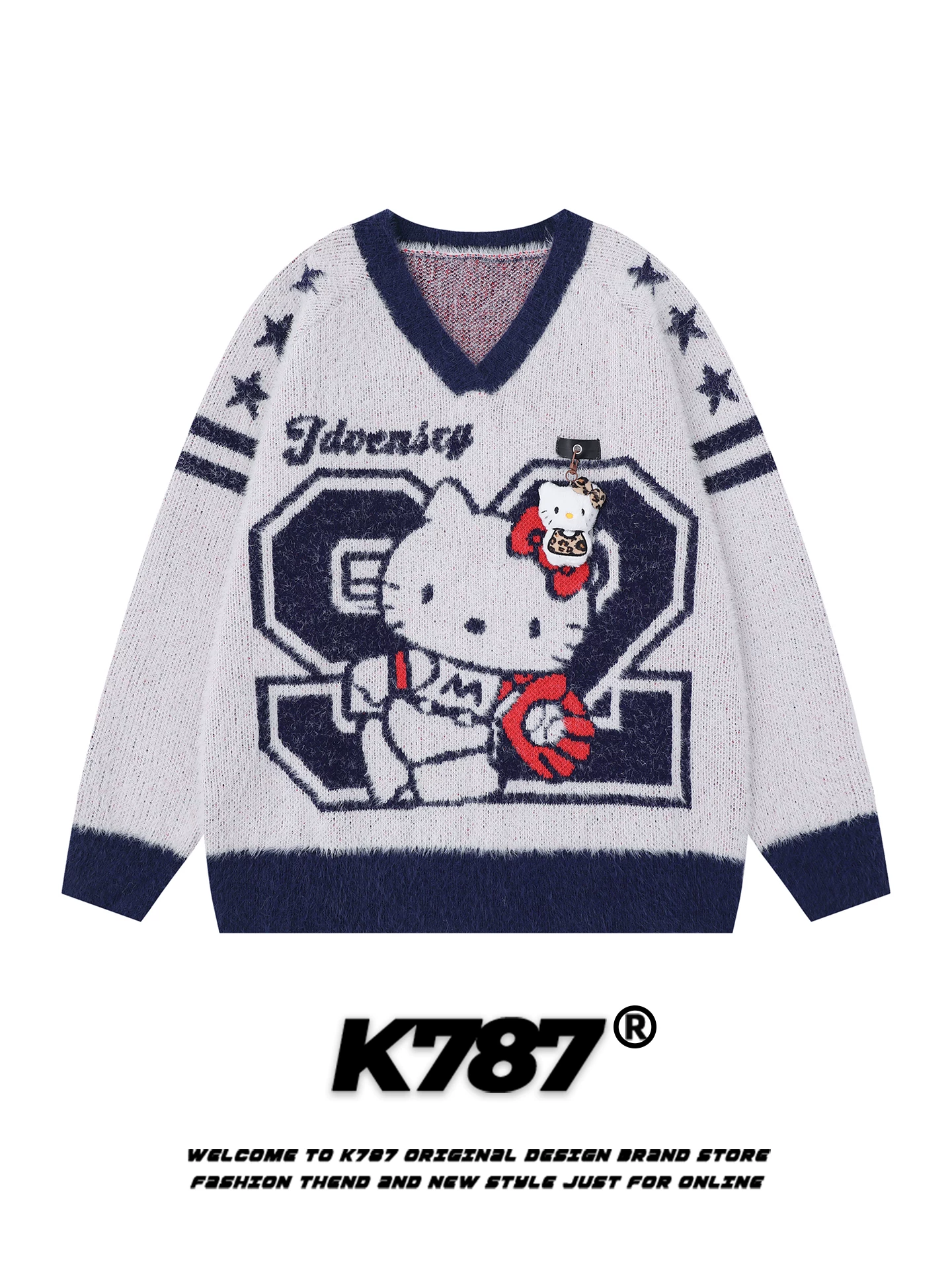 Áo len dệt kim mèo Kitty phong cách thể thao cổ điển Mỹ K787, unisex, cổ V, dáng rộng, áo khoác cặp đôi thời trang đường phố