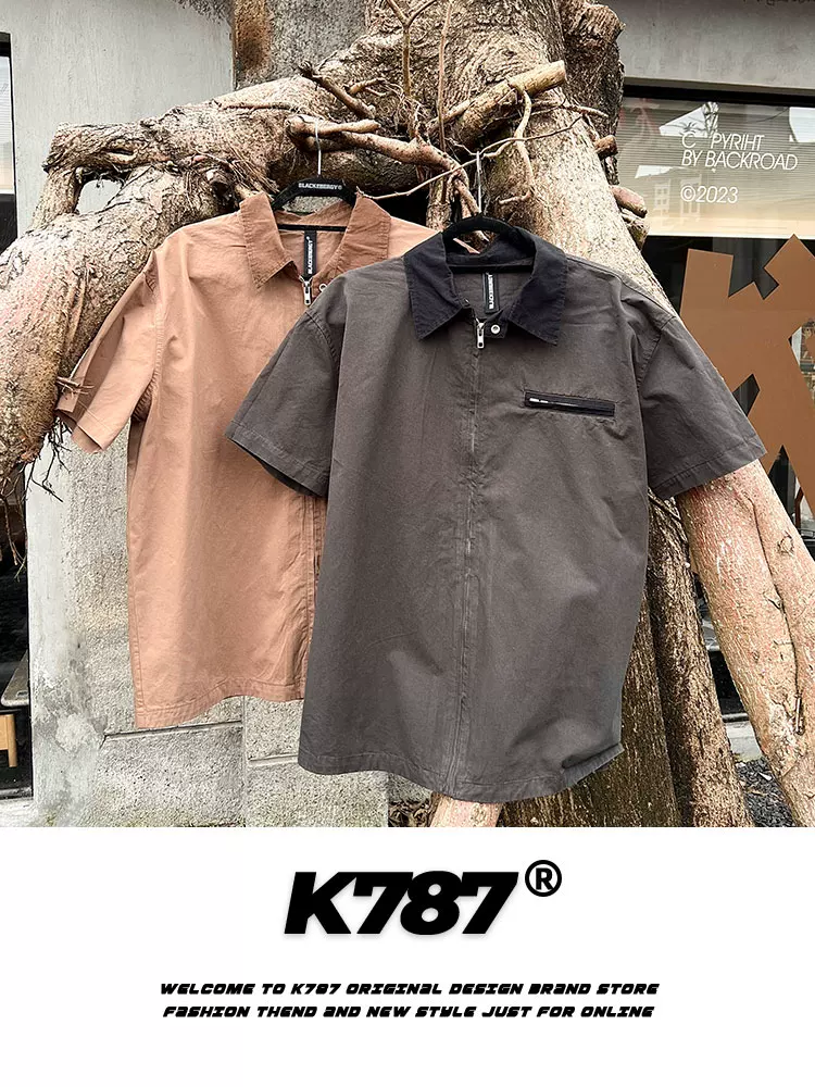 K787 Áo cardigan ngắn phong cách retro cleanfit kiểu Mỹ unisex màu trơn đa năng áo sơ mi ngắn tay mùa hè