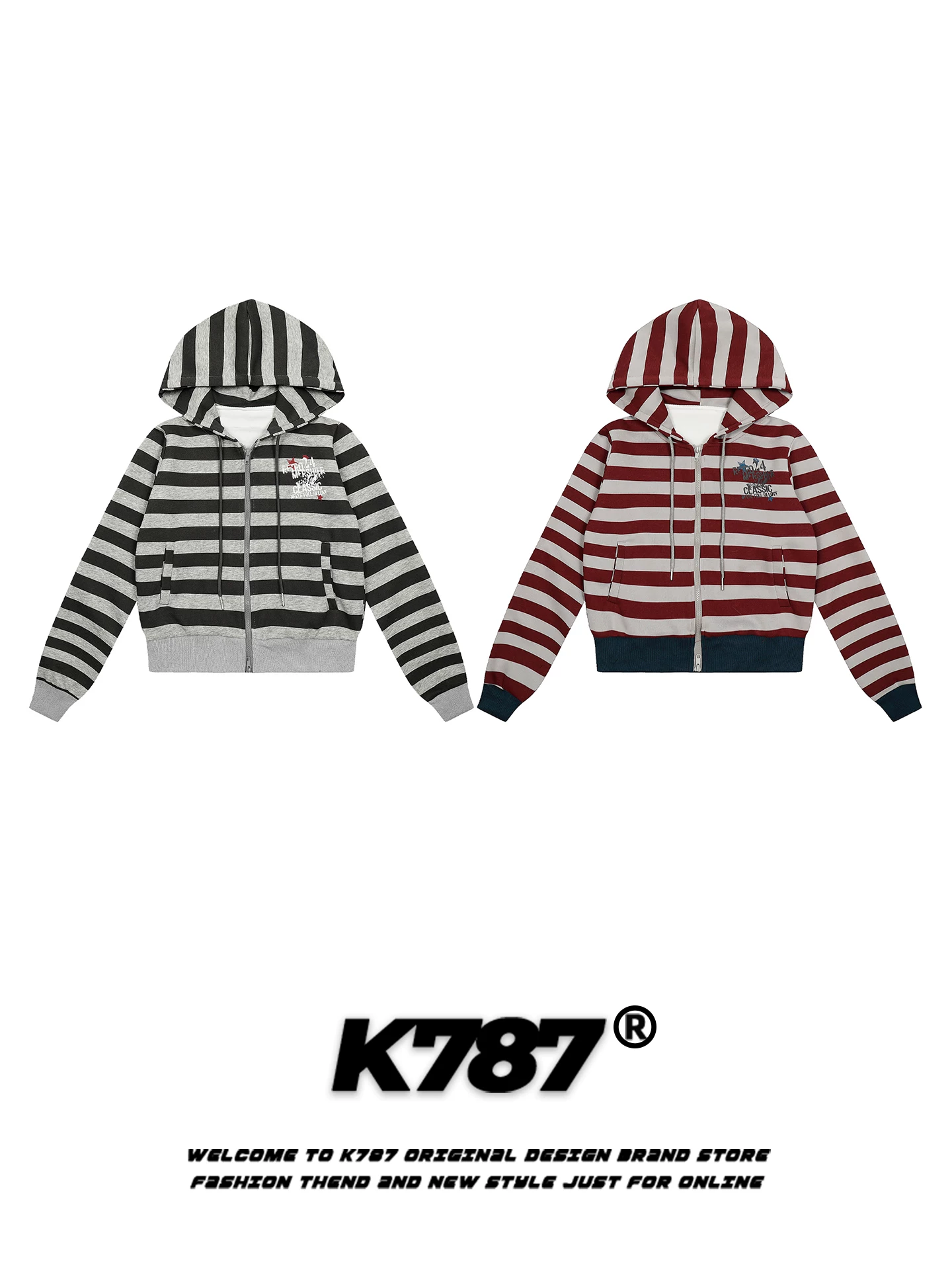 Áo hoodie thể thao sọc đường phố kiểu Mỹ K787 dành cho nữ, phong cách ngọt ngào và cá tính, dáng rộng, áo khoác ngắn có khóa kéo thể thao đi làm.