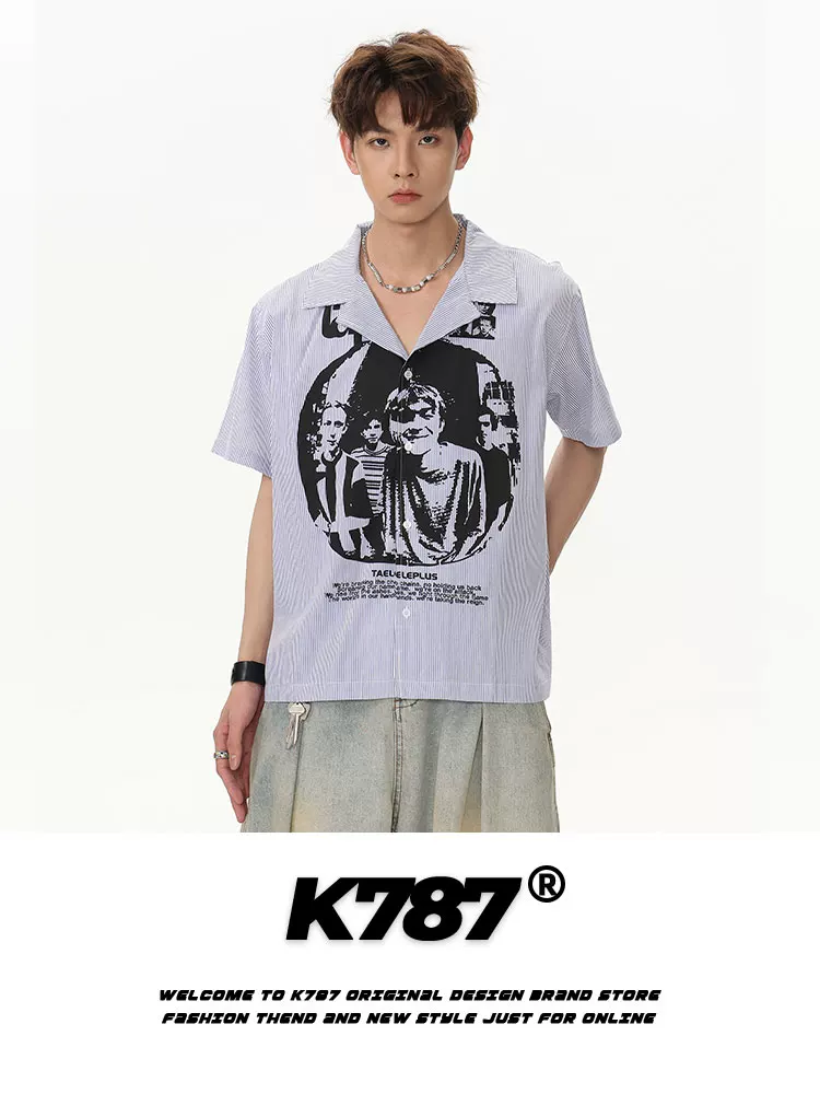 Áo sơ mi ngắn tay in hình chân dung cổ điển kiểu Mỹ K787 dành cho nam và nữ, áo cardigan phong cách cleanfit theo xu hướng quốc gia