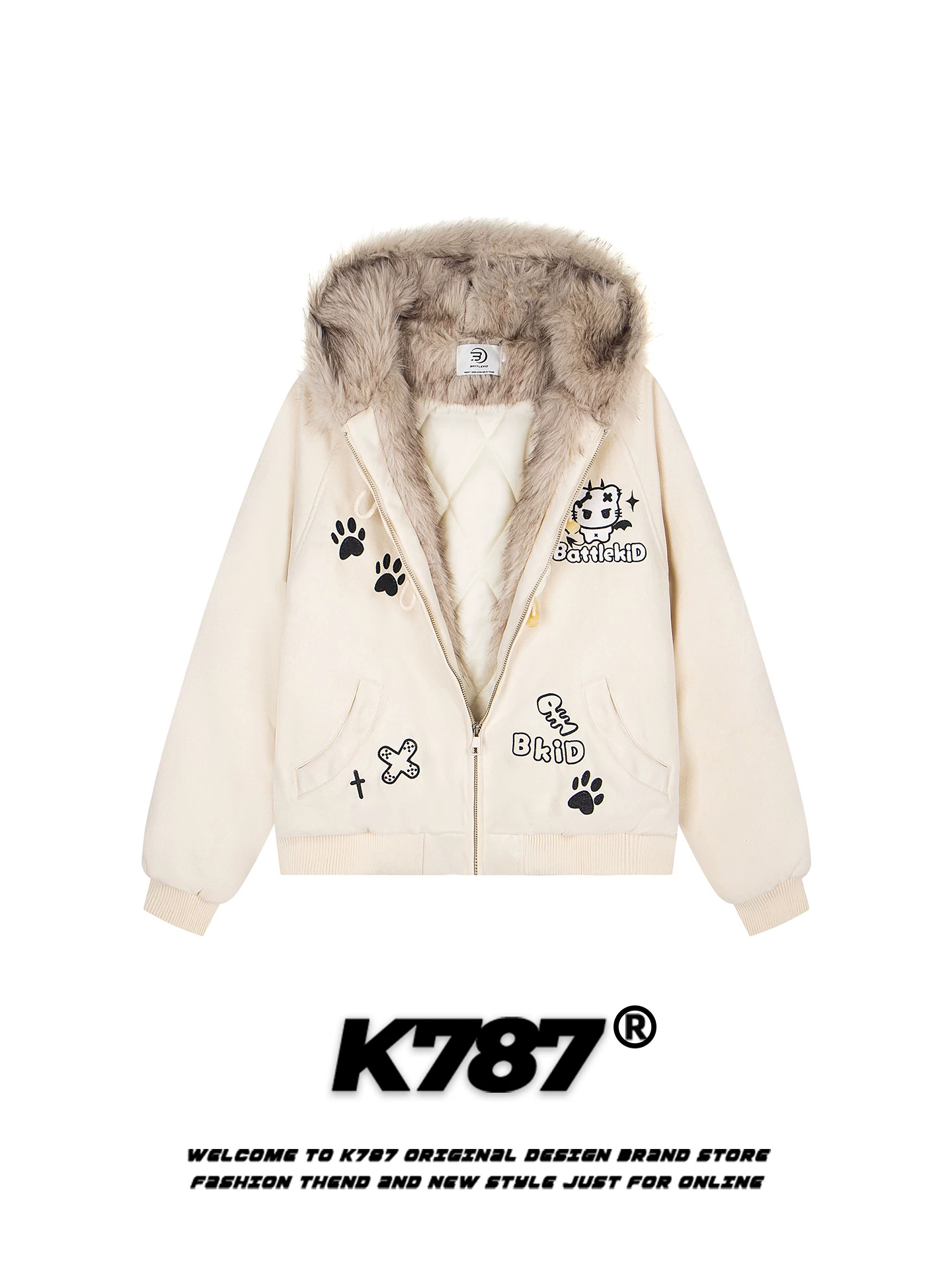 K787 Áo khoác cotton có mũ trùm đầu cổ lông theo xu hướng quốc gia kiểu Mỹ dành cho nam và nữ, dáng rộng, dày dặn, ấm áp, áo khoác cotton màu hồng cho mùa đông.