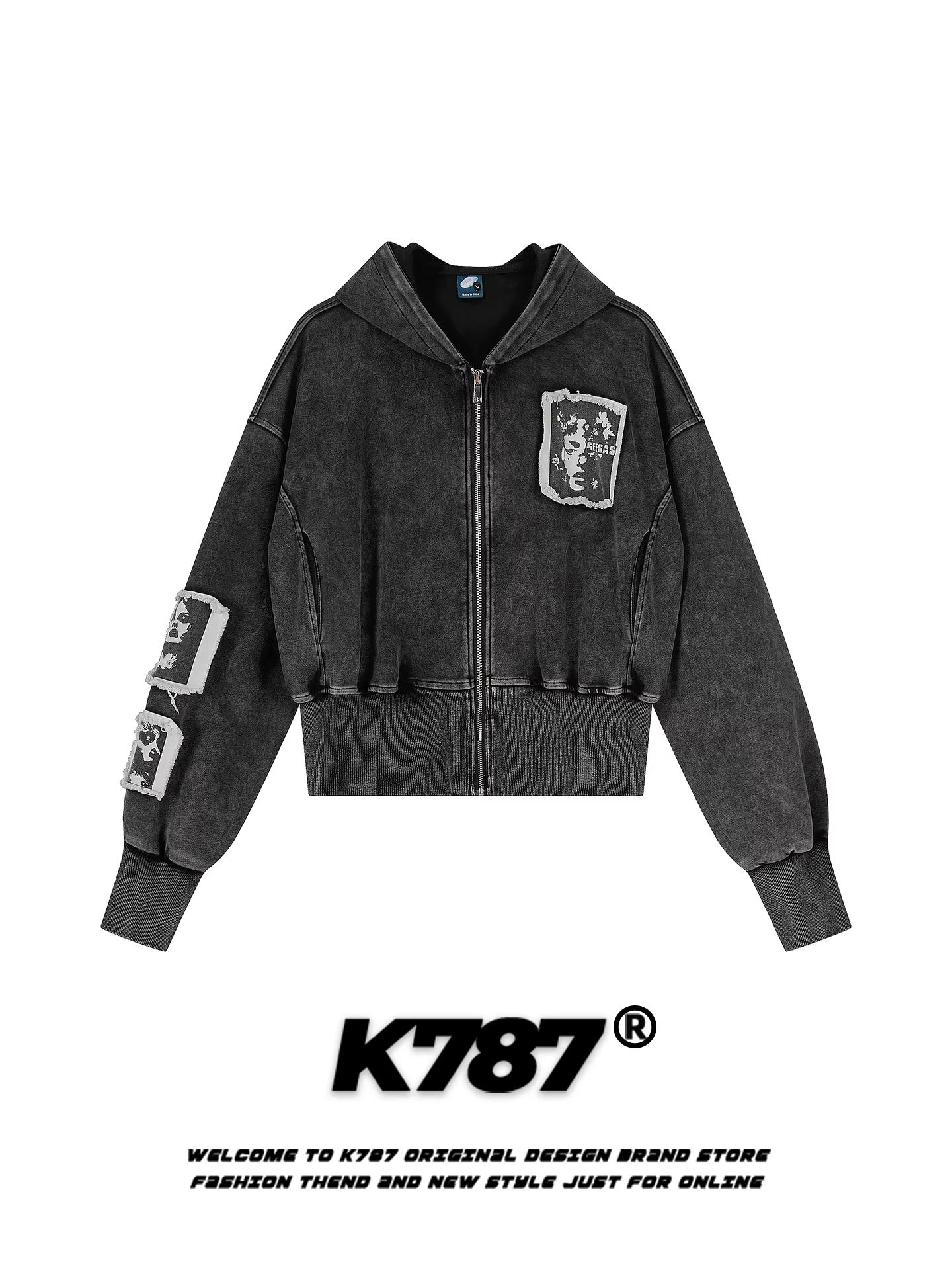 Áo khoác nỉ có mũ kiểu Mỹ cổ điển K787, phối màu cũ kỹ, thêu họa tiết, dành cho nữ, dáng ôm, kiểu cardigan ngắn, phong cách thường ngày