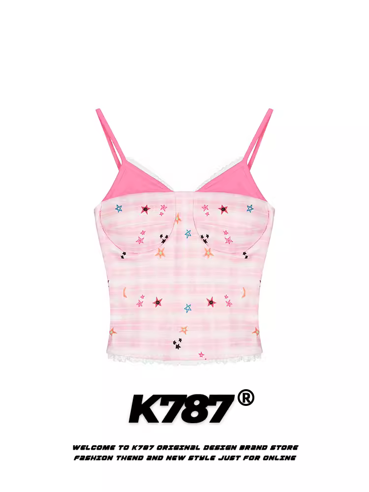 Áo camisole nữ kiểu BM K787 in họa tiết sao dopamine, kẻ caro, giả hai mảnh, có mút ngực