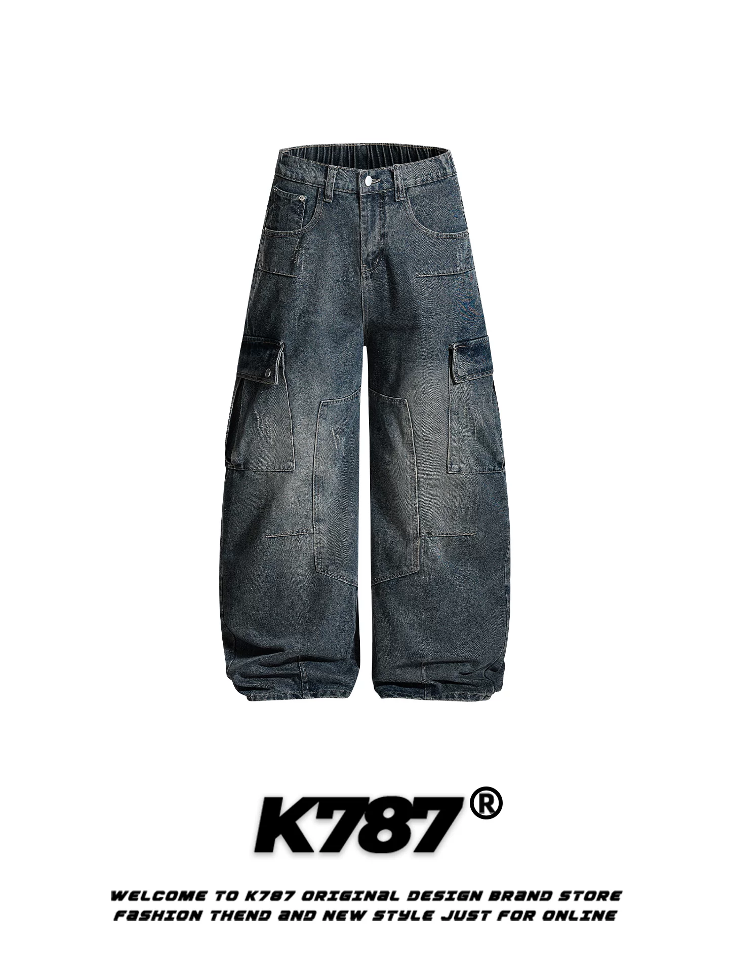 Quần jeans K787 kiểu Mỹ cổ điển, nhiều túi, thiết kế phá cách dành cho nam và nữ, dáng rộng, phong cách casual, rách, dài chấm đất, ống rộng kiểu kiếm.