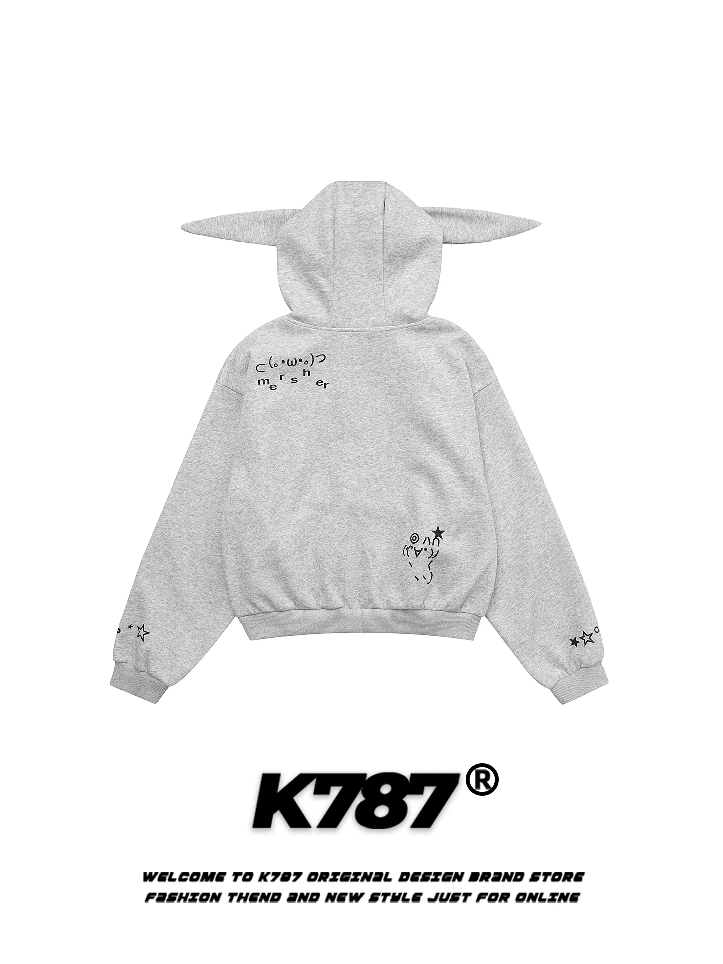 Áo khoác cardigan có mũ trùm đầu hình tai thỏ kiểu Mỹ cổ điển K787 dành cho nữ, áo khoác ngắn có khóa kéo phong cách giản dị ngọt ngào và cá tính