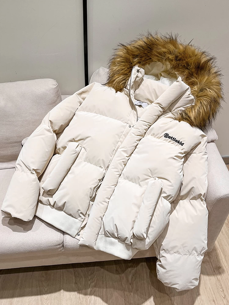 Áo khoác cotton dày dặn kiểu Mỹ cổ lông retro, may chần bông, có mũ trùm đầu, giữ ấm mùa đông 2024 dành cho nam và nữ, mã K787