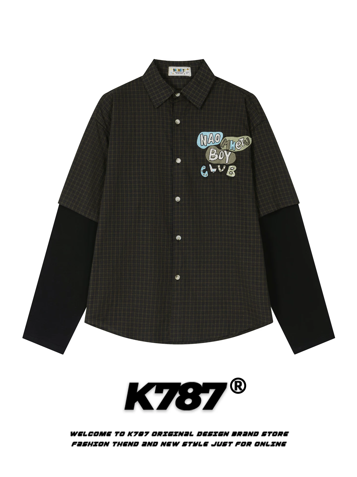 K787 Áo sơ mi dài tay giả hai mảnh kiểu Mỹ cổ điển thêu chữ unisex phong cách đại học áo sơ mi đa năng áo khoác
