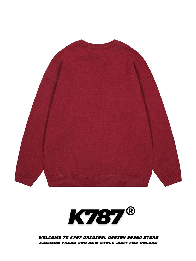 K787 Áo len dệt kim màu đỏ phong cách Trung Quốc Giáng sinh hình tuần lộc hoạt hình vui nhộn unisex Áo len cổ điển kiểu Mỹ Áo len cặp đôi