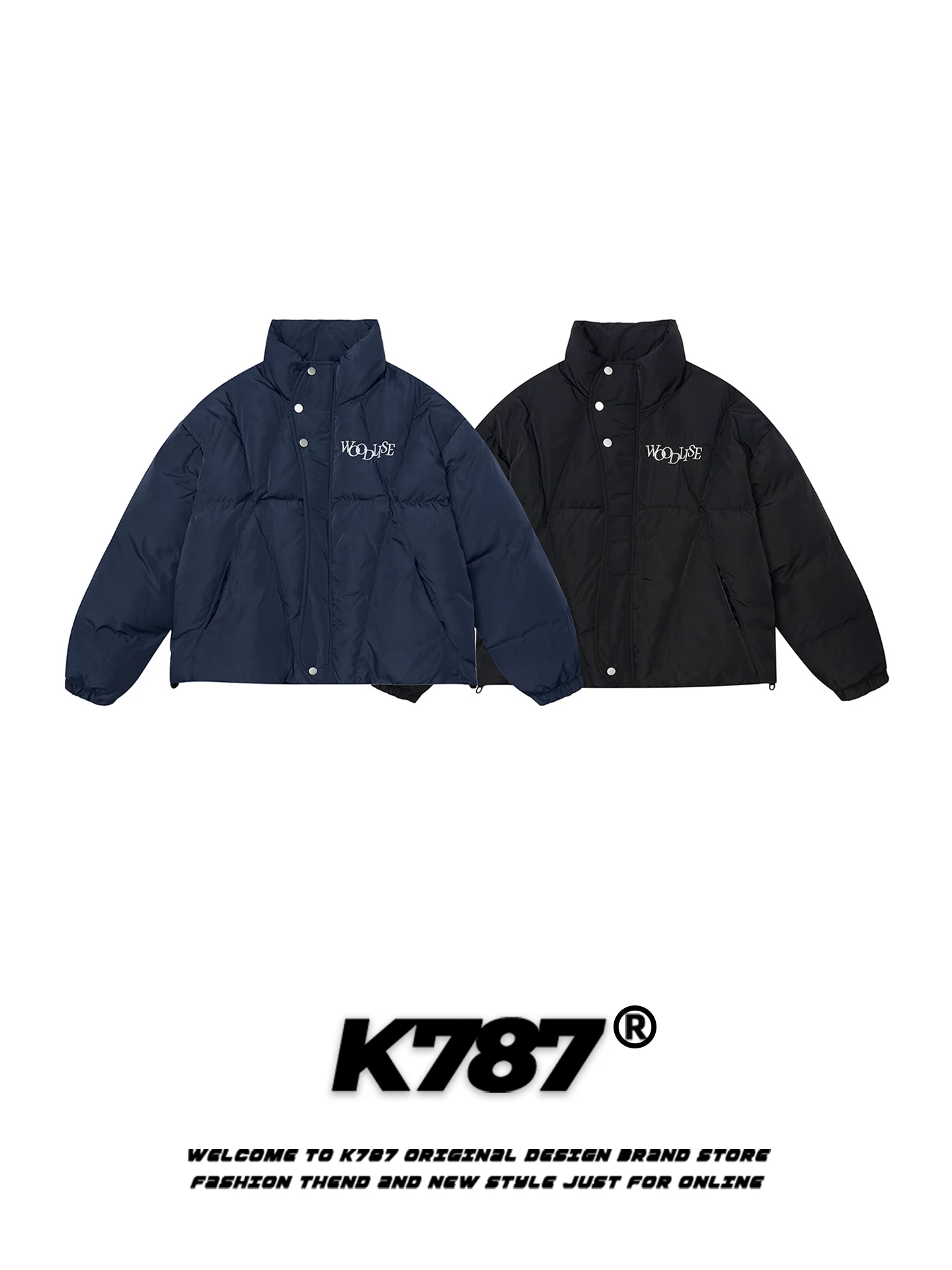 Áo khoác cotton cổ đứng thêu chữ cổ điển Mỹ K787 dành cho nam và nữ, rộng rãi và ấm áp, áo khoác cotton cặp đôi phong cách đại học cho mùa đông.