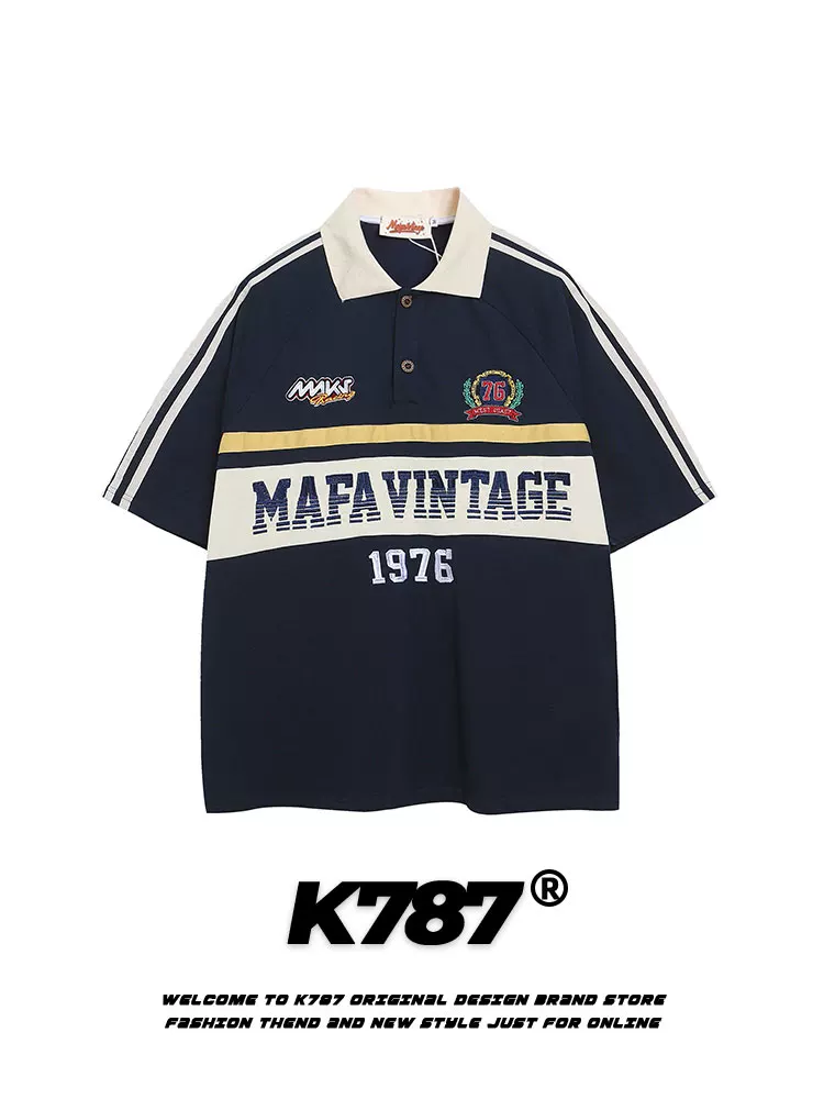 Áo thun polo unisex K787 kiểu Mỹ cổ điển, sọc, in chữ, phong cách đường phố, đa năng, thường ngày, mùa hè 2025, cổ trụ, tay ngắn