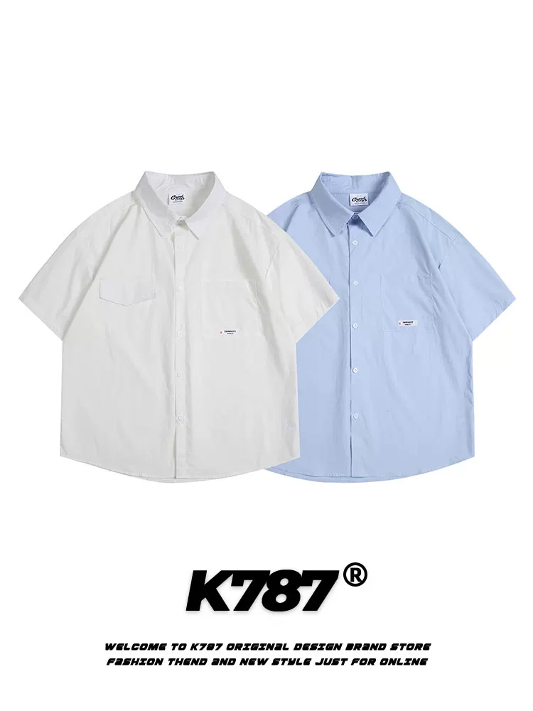 Áo sơ mi ngắn tay màu trơn phong cách retro Mỹ K787, đa năng, rộng rãi, unisex, phong cách sinh viên, thường ngày, mùa hè 2025, áo đôi