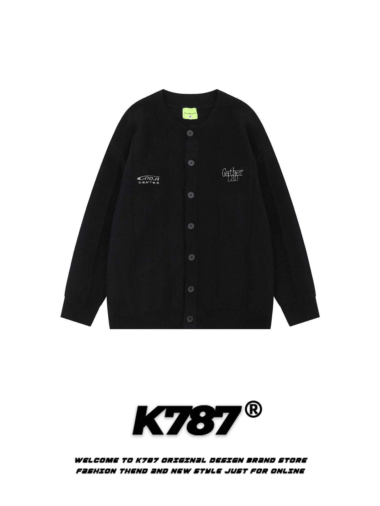 Áo cardigan len dệt kim dáng rộng ấm áp màu nghệ tây, cổ tròn, thêu chữ kiểu Mỹ, unisex, thời trang, mã K787