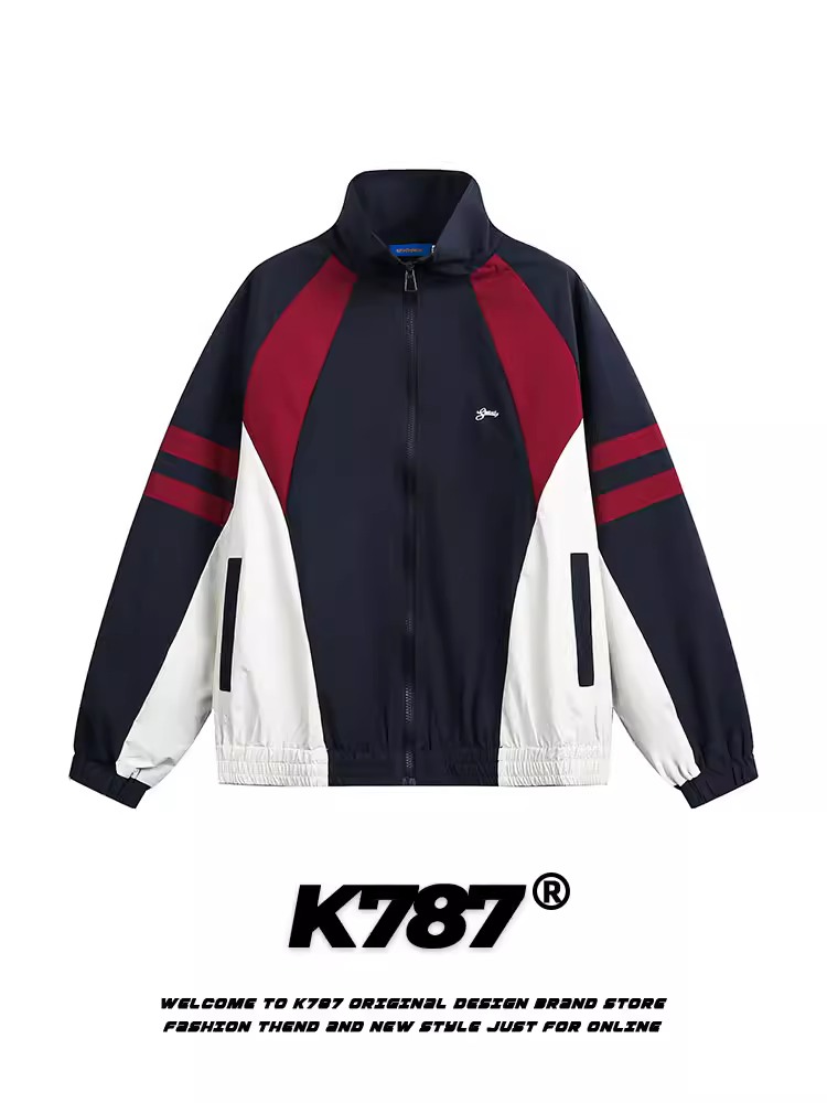 Áo khoác bomber unisex kiểu Mỹ cổ đứng phối màu phong cách retro, chất liệu vải ghép, dáng rộng, phong cách thường ngày, mùa thu