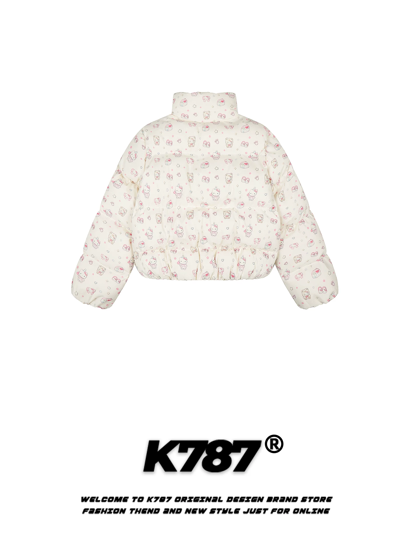 Áo khoác cotton cổ đứng in hình mèo Kitty kiểu Mỹ K787 dành cho nữ, áo khoác cotton ngắn dày dặn, ấm áp, giảm tuổi tác, mặc thường ngày cho mùa đông.
