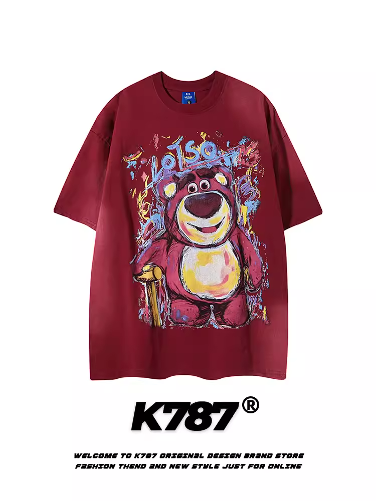 K787 Áo thun ngắn tay hình gấu dâu tây cổ điển kiểu Mỹ hoạt hình vui nhộn dành cho nam và nữ oversize cặp đôi đường phố cao cấp hàng đầu